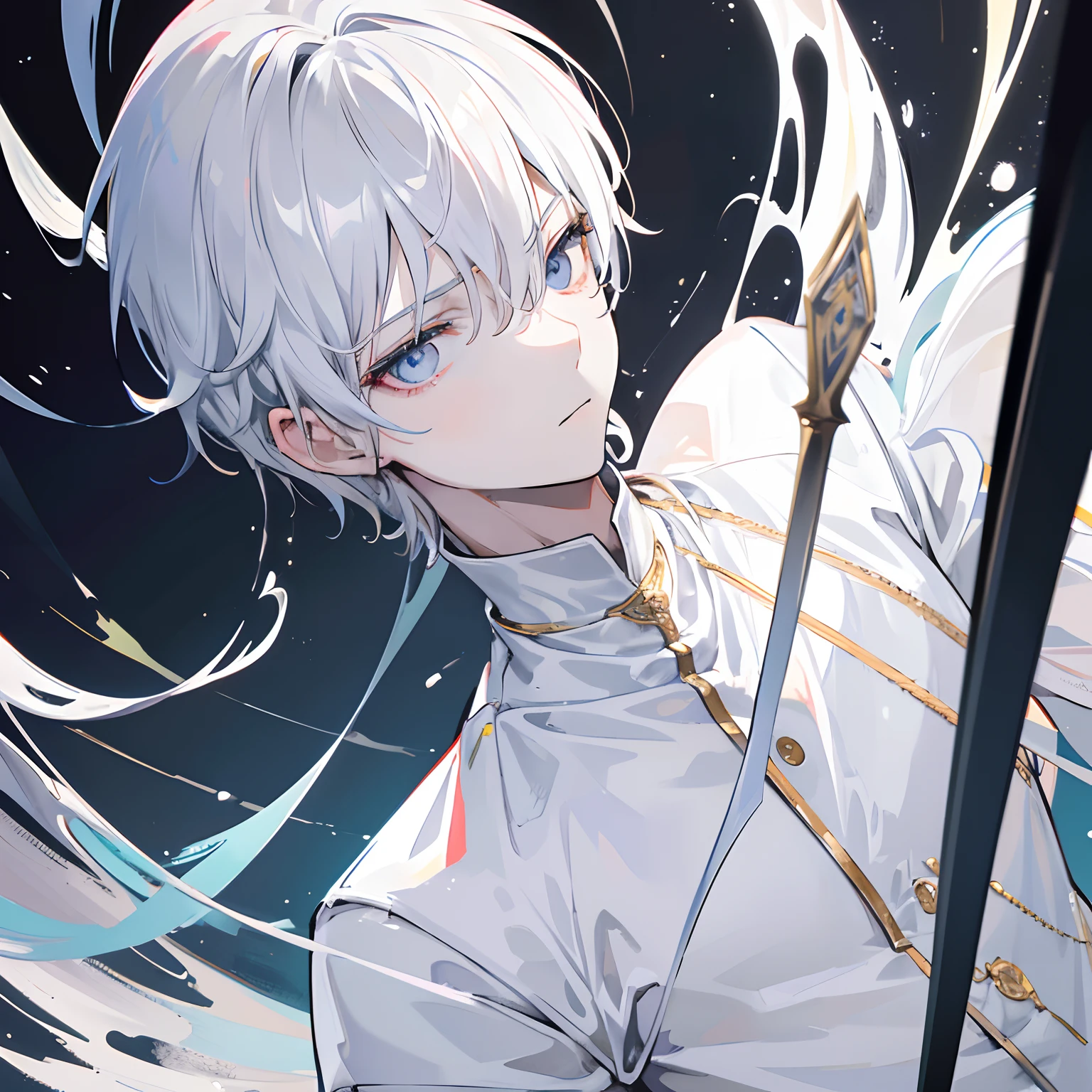 1boy, extremely detailed, realistic, masterpiece, high resolution, tall, slender, sharp face, sharp eyes, white coat, short white hair, white ghostly eyes, black shirt, white pants, in forest, cold stare, looking at viewer, daggers in hand