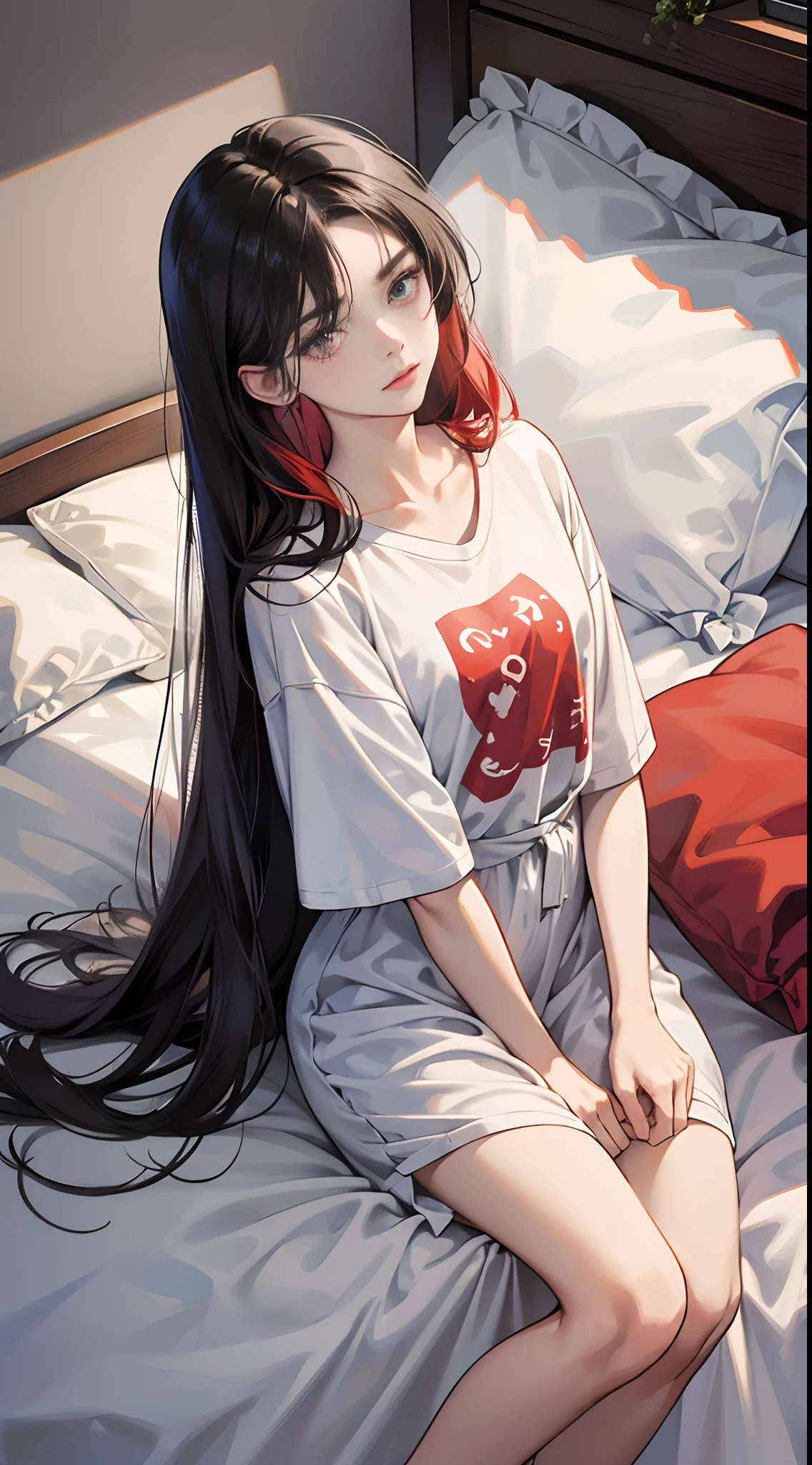 (Best Quality,4K,High resolution), 18yo woman, Red highlights on black hair, Long hair, Straight hair, Cool Woman, Cold eyes,Sleepy face , Intricately drawn, Realistic portrayal,, Bedroom，in a house，Relax in your room，Oversized T-shirt,print t-shirt， Leaning on a large cushion, Agra，Sitting，Big cat stuffed animal，Cute room,on the beds , ,