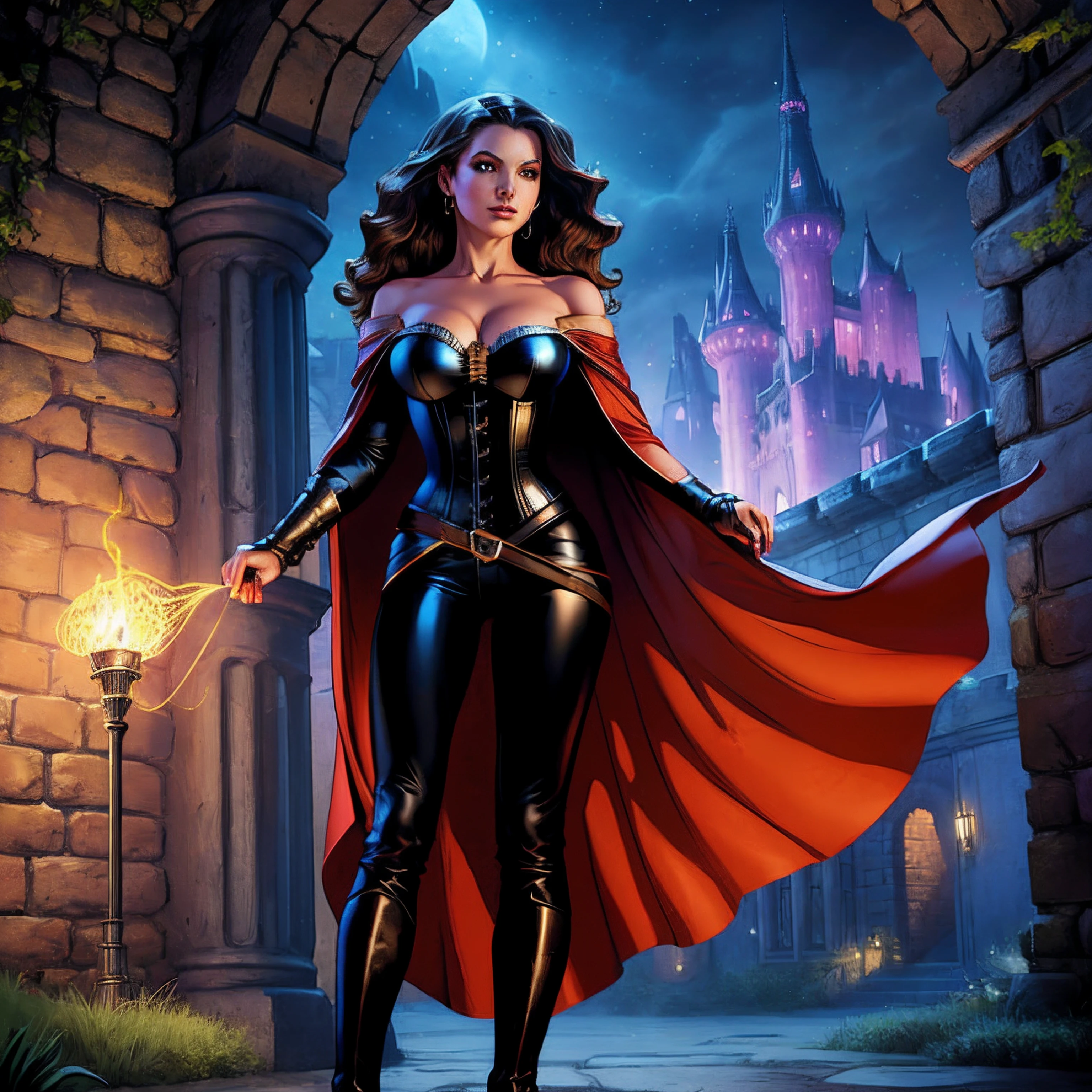 (masterpiece, top quality, best quality, official art, beautiful and aesthetic:1.2), (1girl:1.3), long and curly dark brown hair, extremely detailed, portrait, looking at viewer, solo, (full body:0.6), detailed background, close up, mischievous eyes, (warm summer castle theme:1.1), sorceress, charlatan, smirk, mysterious, casting a spell in a courtyard, revealing sorcerer attire, red skirts, off shoulder, long sleeves, loose sleeves, black leather, cloak, corset, black leggings, black trousers, black pants, long brown boots, buckles, straps, pouches, glowing magic energy, red fabric, white trim, black leather, gigantic breasts, cleavage, skindentation, slim waist, slim hips, long legs, medieval (castle exterior:1.1) background, dark mysterious lighting, shadows, magical atmosphere, dutch angle