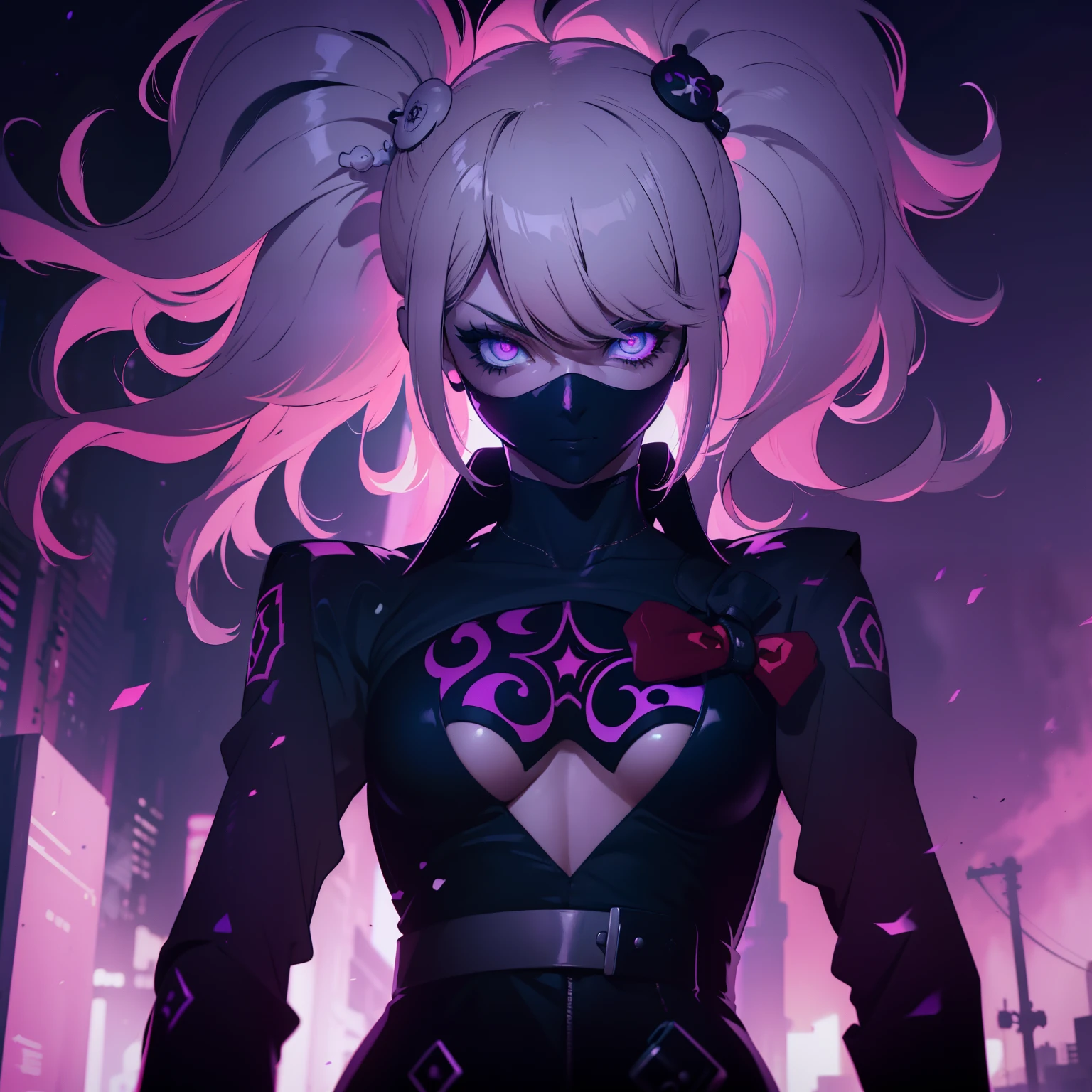 female , Un adolescente con cabello corto y blanco como la nieve , sporting a mysterious full-face black mask that has glowing purple eyes , vestido con una llamativa camisa roja y un largo abrigo negro, Deftly wielding a pair of dual long swords, one bright in vibrant red and the other hypnotically purple.. The scene unfolds against the backdrop of a dystopian cyberpunk city at night.., pulsing with neon lights and a futuristic aura, All rendered in stunning high-resolution 8K quality