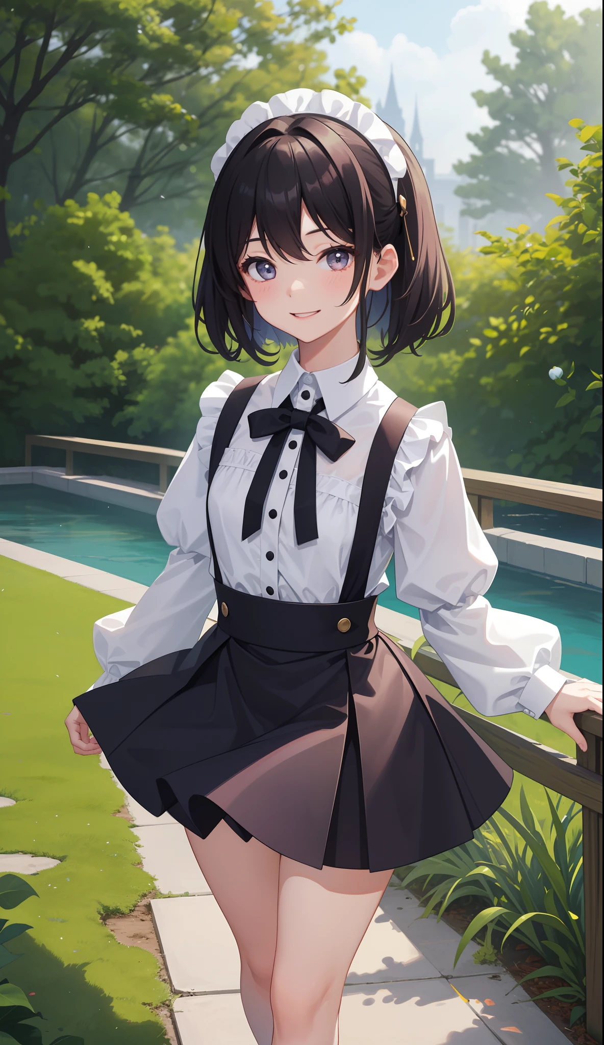 1girl in、AS-Adult、a smile、I'm winking、The shirt、Ultra mini skirt、pantiy、（small tits）、doress、pinafore、Hair decoration、（Maid costume）、Walking with a thigh、Upper body portrait、