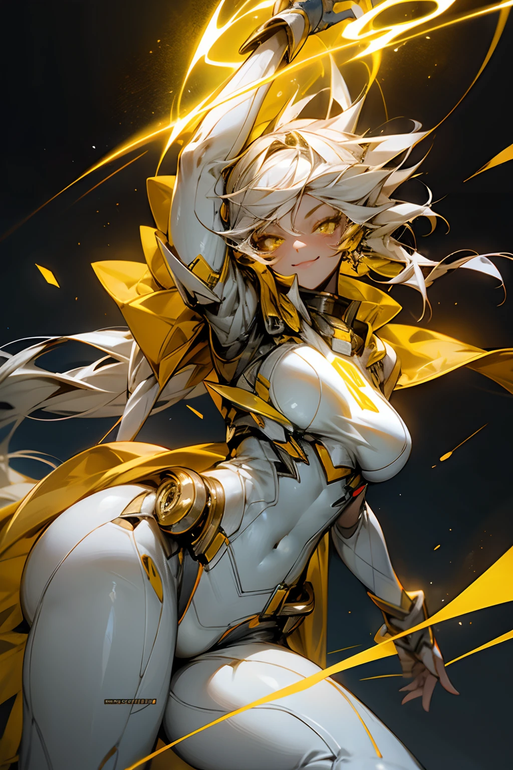 Long shot, flashy yellow aura, flashy orange flash effects, female fighter wearing white clothes, blue glowing eyes, big breasts, smiling, Raise your legs as high as you can, a blue flash