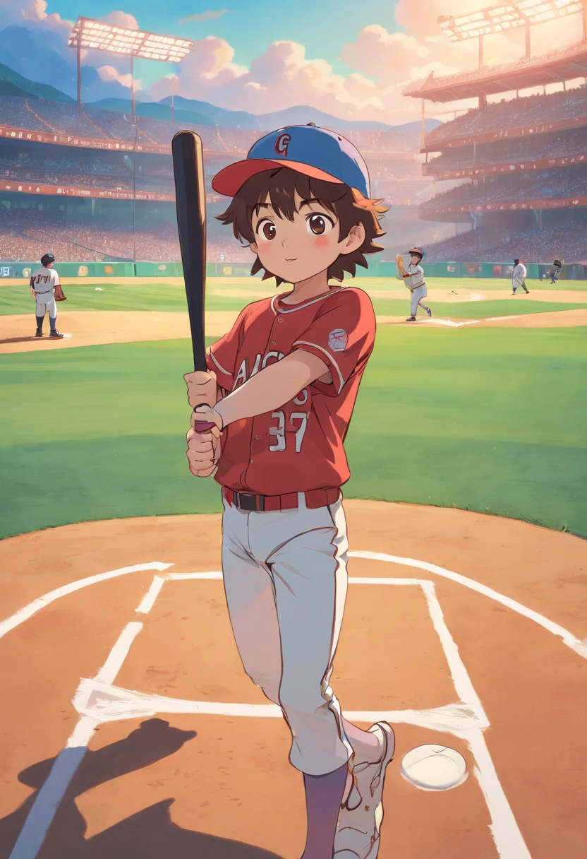 Boy in baseball Angels uniform, Angels Baseball Cap, Holding a baseball bat and hitting a home run、In the style of a quiet baseball stadium landscape, colorful animation stills, Shohei Otani、paul gauguin, Embry style, Honest portrayal