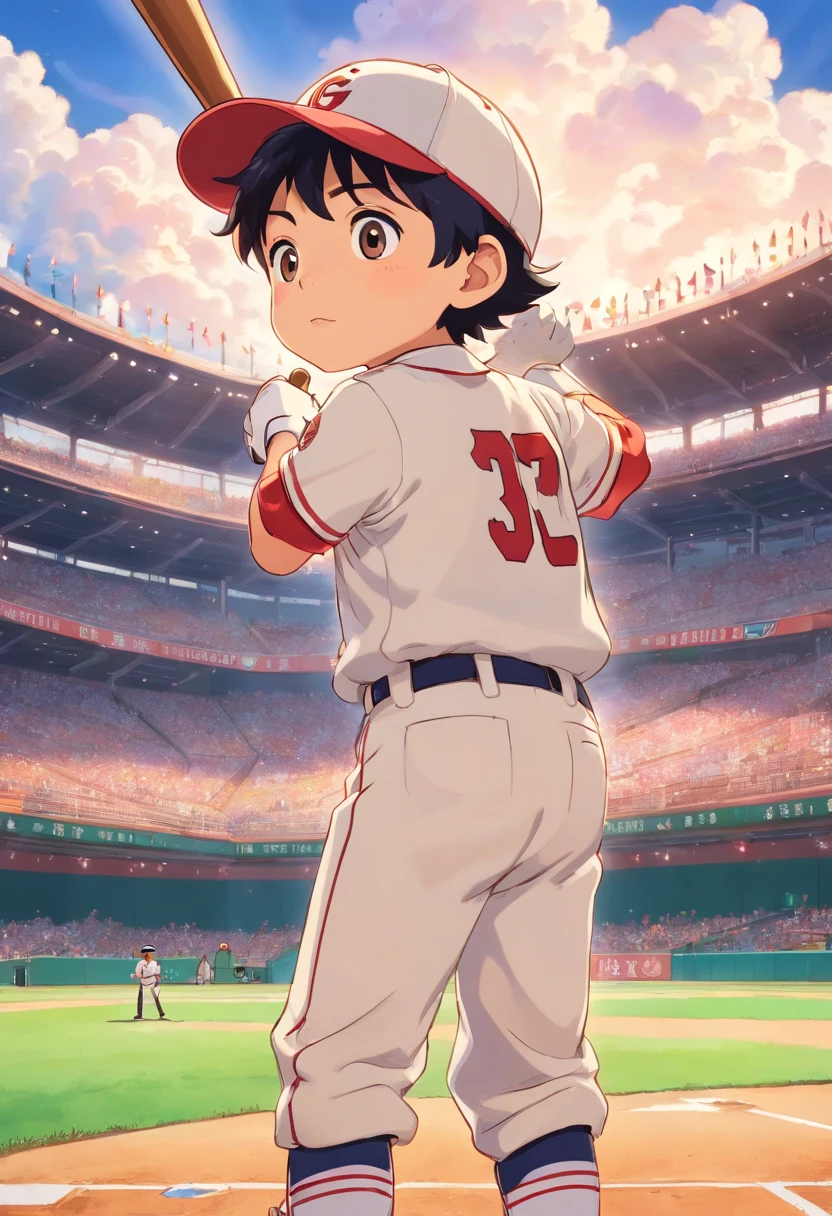 Boy in baseball Angels uniform, Angels Baseball Cap, Holding a baseball bat and hitting a home run、In the style of a quiet baseball stadium landscape, colorful animation stills, Shohei Otani、paul gauguin, Embry style, Honest portrayal