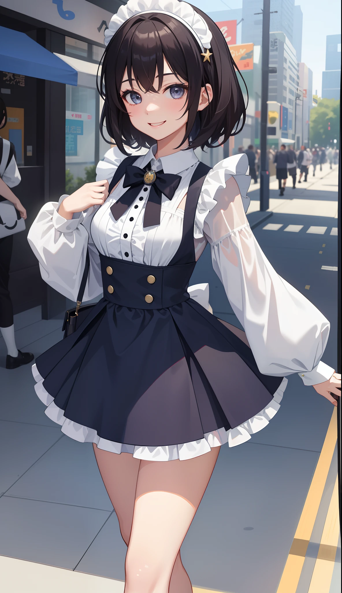 1girl in、AS-Adult、a smile、I'm winking、The shirt、Ultra mini skirt、pantiy、（small tits）、doress、pinafore、Hair decoration、（Maid costume）、Walking with a thigh、Upper body portrait、