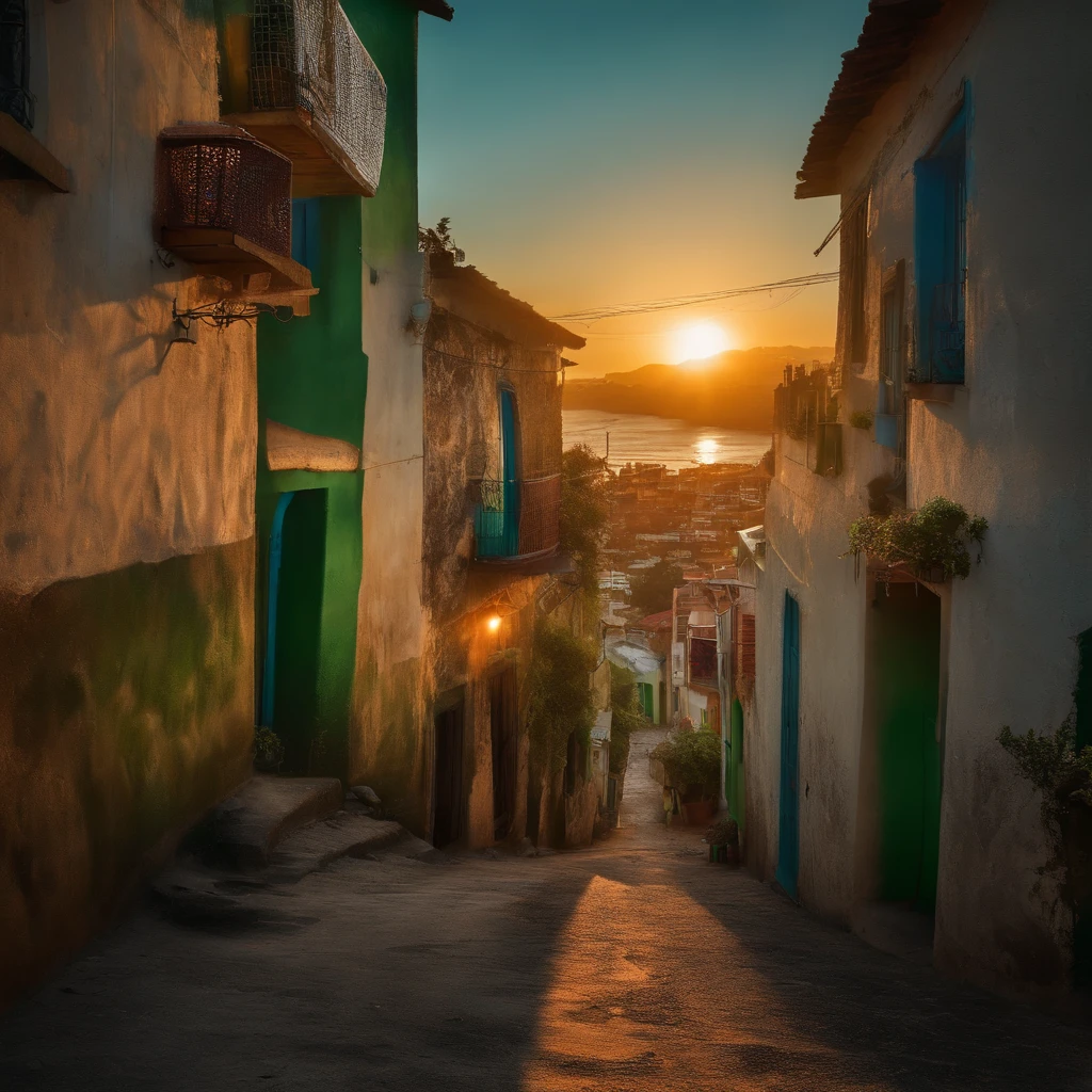 Desenvolver uma imagem com um individuo correndo em uma favela do Rio de Janeiro , com uma mochila verde nas costa, um fone de ouvido, bermuda e tenis. Desenvolver uma imagem,Integrate a visually striking obstacle that symbolizes the challenge to be overcome,Include elements that represent hope and perseverance, like a gentle sunrise beginning to illuminate the horizon.