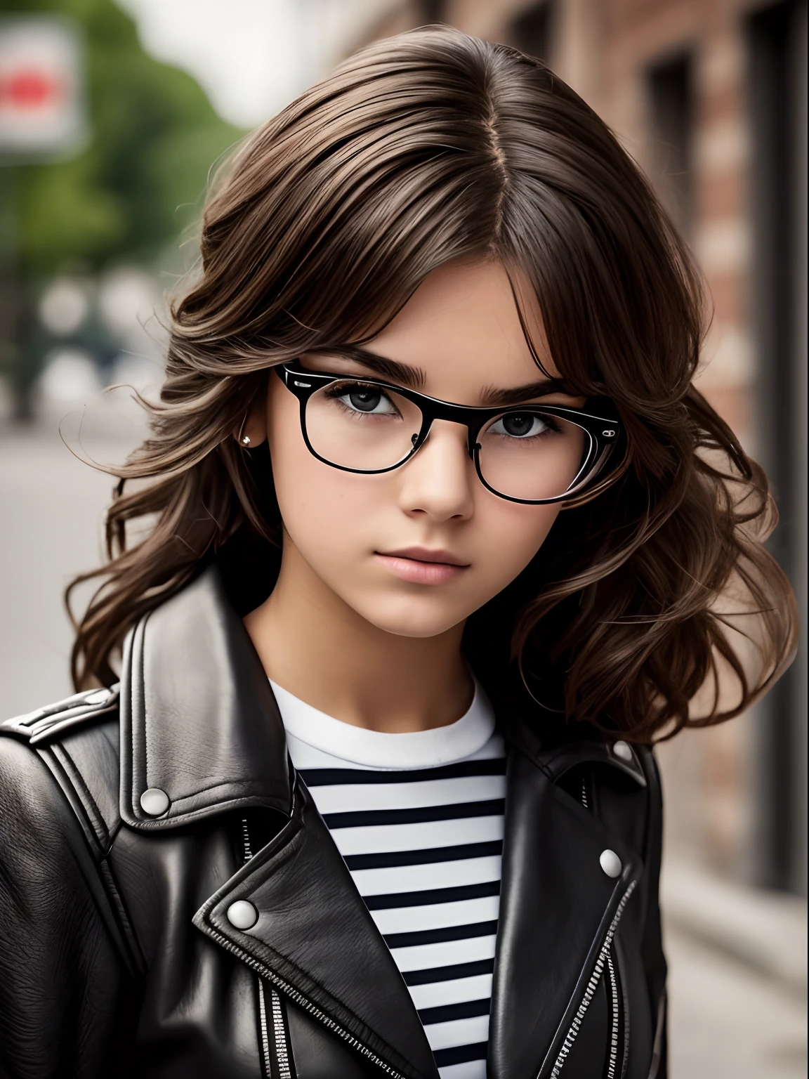 Realistic photo of a 16-year-old girl of European appearance; thick brown hair below the shoulder blades, slightly curly from medium length;;;, Large shiny dark brown eyes, long eyelashes, eyeglasses(Natural glare of glasses), thick eyebrows, Serious, хмурая, Indifferent, heavy, The Penetrating Eye, looks at the camera from under his eyebrows(a slight tilt of the head forward and down); Black biker leather jacket, torn jeans , striped knee socks, Tall laced sappers, Fingerless leather gloves, riding on a motorcycle "Java"; Behind the back is a sheath with a katana; A lit cigarette in your teeth, smoking; Without cosmetics; Photography in the style of the 80s; Professional studio photography with a film SLR camera("Zorkiy-4"), (full body photographed), Anatomical realism(mandatory observance of the development and proportions of the body in accordance with the specified age (16yo)),,,, hight resolution, detailed skin texture, natural lightin, 8K, Texture of the photo card