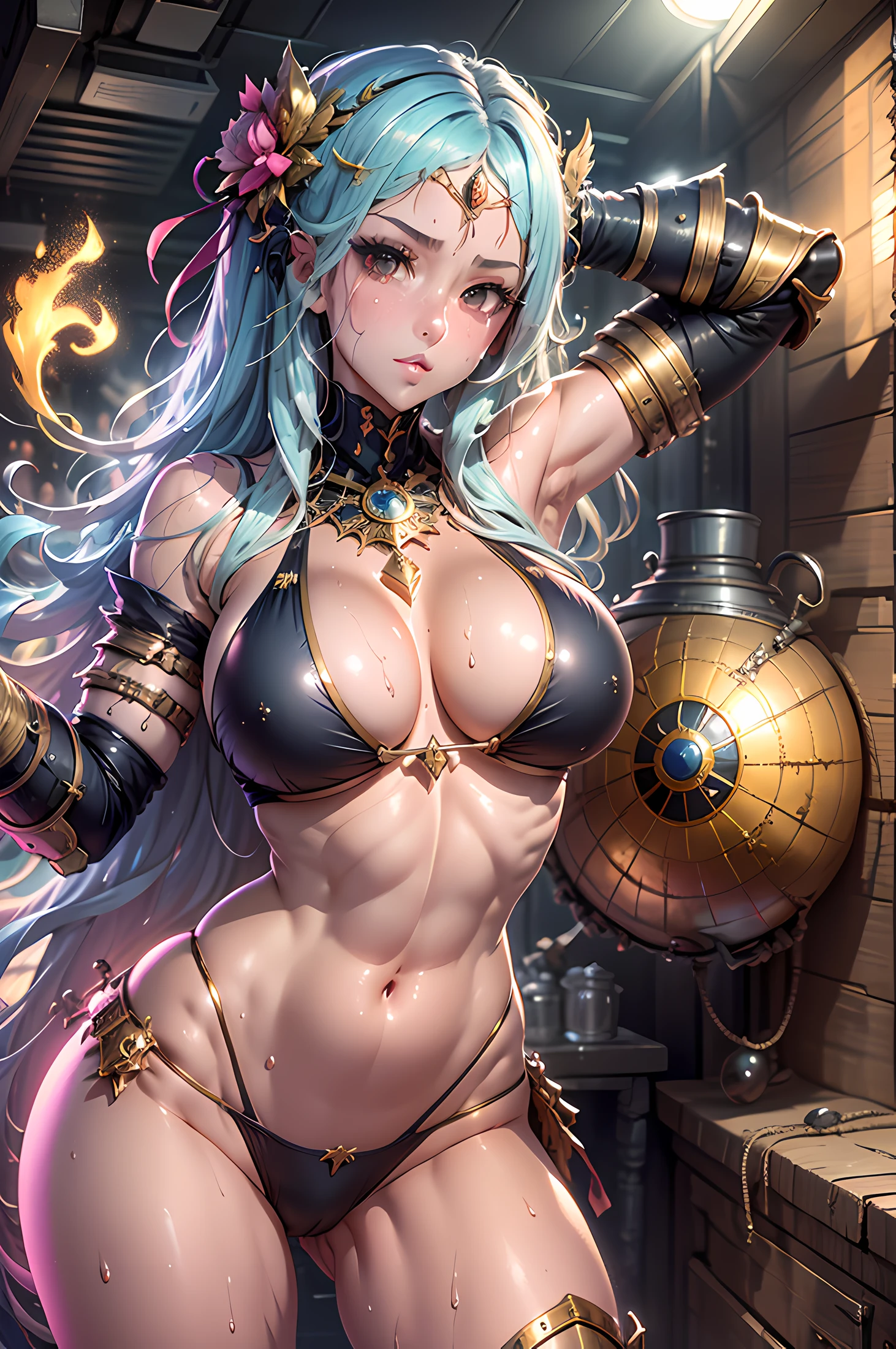Anime characters posing in bikinis and bikini suits in groups, oppai, biomechanical oppai, Ecchi, oppai proportions, Ecchi anime style, Chest covered、SFW, with a big chest, Big breasts!!, glossy wet skin!!, band of gold round his breasts, Ecchi style, Seductive Anime Girl, wearing shiny breastplate, Mabutan Moroccan Islamic Sur Ultra Details