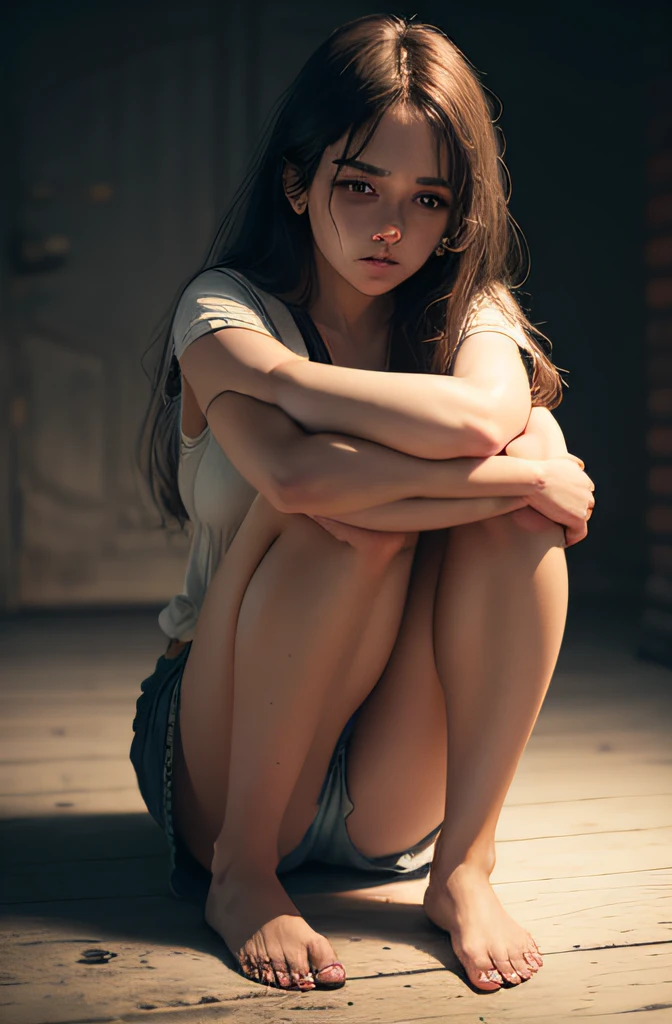 Woman without shoes, full body, sad and beautiful face, sexy young woman, melancholy. HD. 4k, high quality, analog film effect