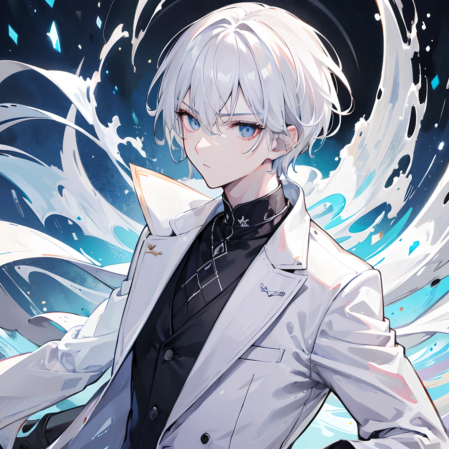 1boy, extremely detailed, realistic, masterpiece, high resolution, tall, slender, sharp face, sharp eyes, white coat, short white hair, white ghostly eyes, black shirt, white pants, in forest, cold stare, looking at viewer, daggers in hand