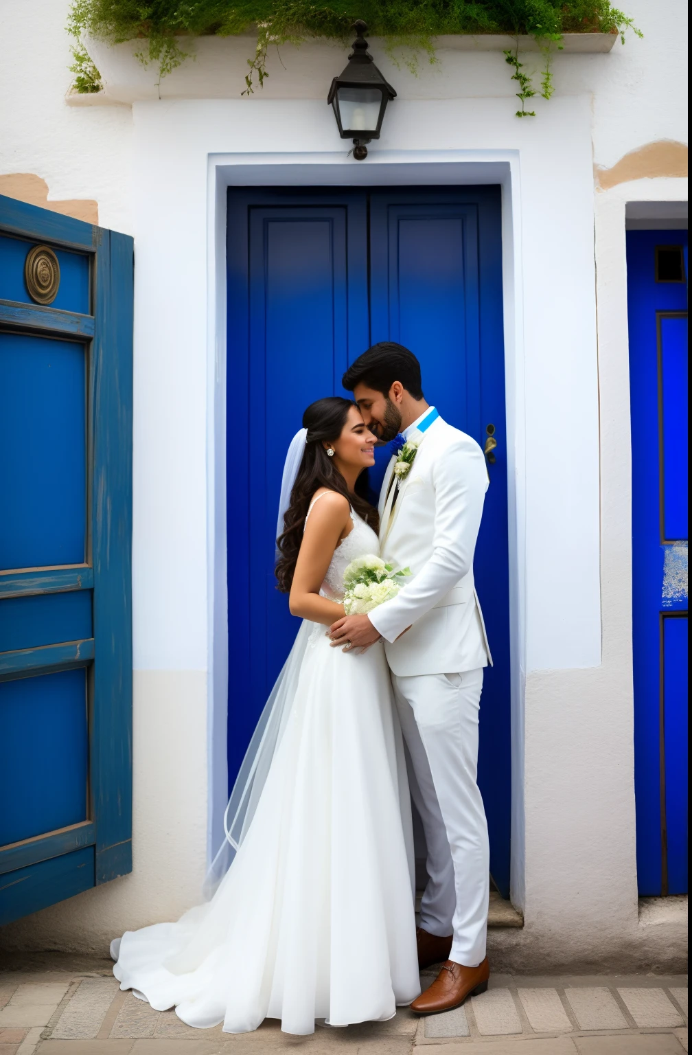 Bride and groom standing in front of blue door in wedding dress, Malika Favre, Jaqueline E, noivos, Laura Sava, julia sarda, 2 0 1 9, 2019, Karolina Cummings, Background Story : Diego Fazio, an epic fantasy, Olivia de Bernardinis, veja os detalhes, Valentina Embaralhamento