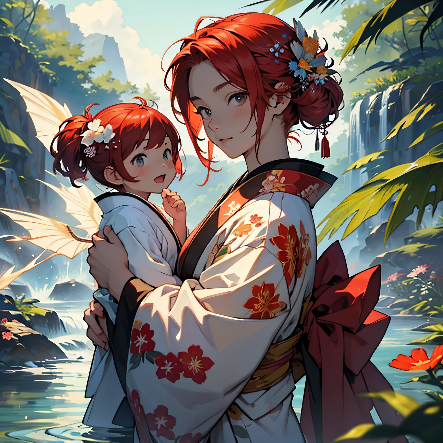 ((masterpiece)),((top-quality))、Original Characters、、cute face、redhair、Kimono、water magic、Floral hair ornament、Manipulating the Flames
