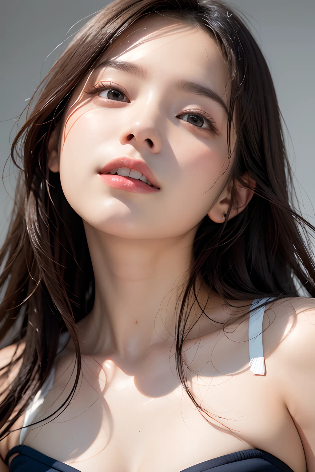 best qualtiy, tmasterpiece, 1girll, beauitful face, (photos realistic:1.3), edge lit, (highdetailskin:1.2), 8K, Ultra HD, dslr camera, hightquality, hight resolution, 4K, 8K, Bokeh, absurderes, optimal ratio of four fingers and one thumb, (realisticlying:1.3), pretty 1girl, Wearing a dark blue school swimsuit, medium breasts,Pure sunshine smile,