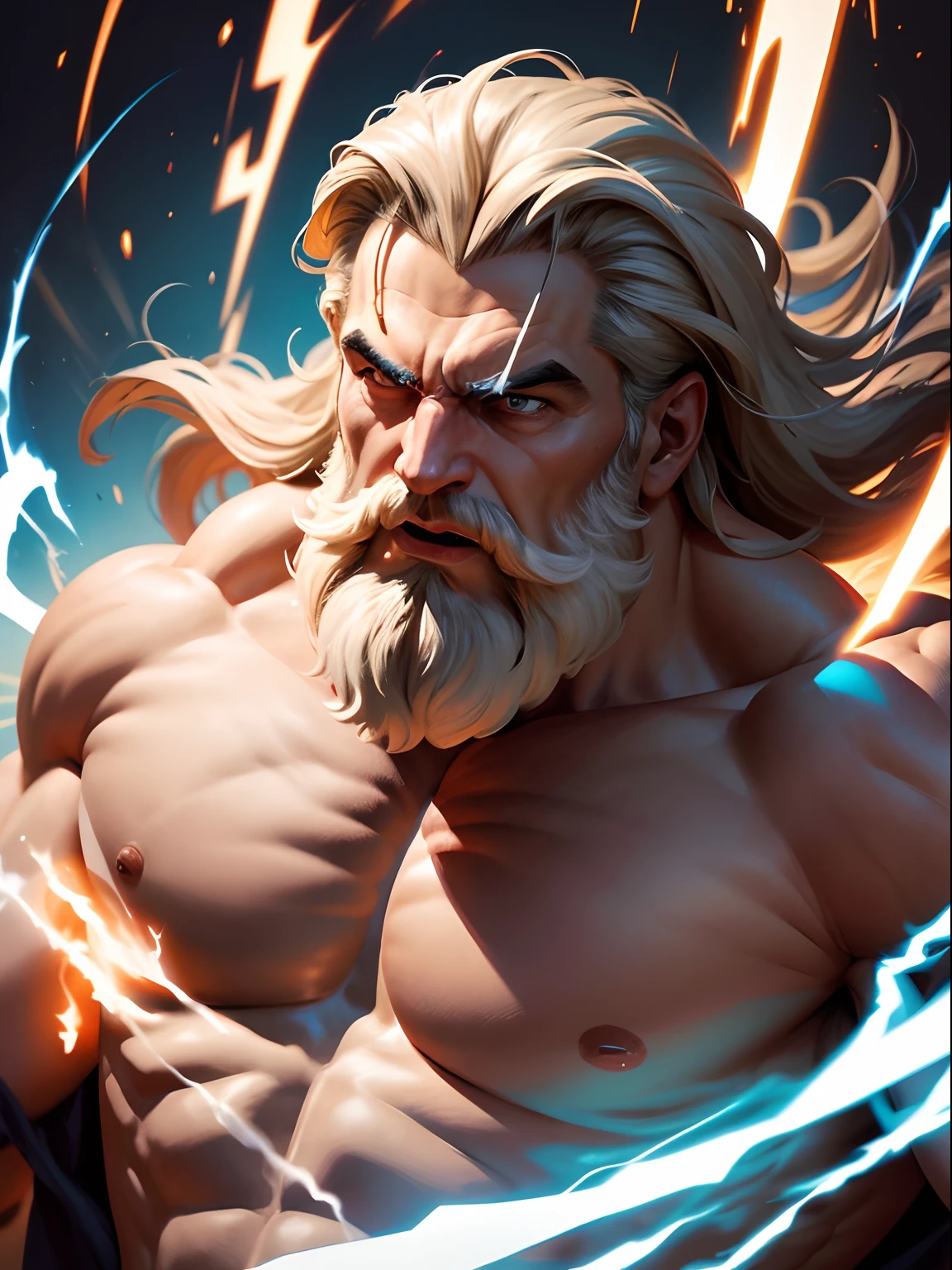 Portrait of a mighty Zeus unleashing all his powers, digital art in the style of Robert Liberace, dynamic action poses