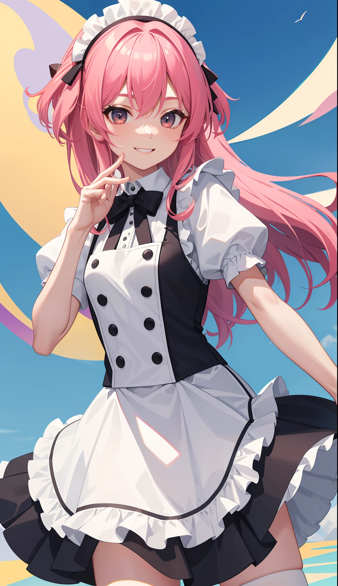 1girl in、AS-Adult、A smile、I'm winking、The shirt、Ultra mini skirt、pantiy、(small tits)、doress、pinafore、Hair decoration、(Maid costume)、Walking with a thigh、Upper body portrait、