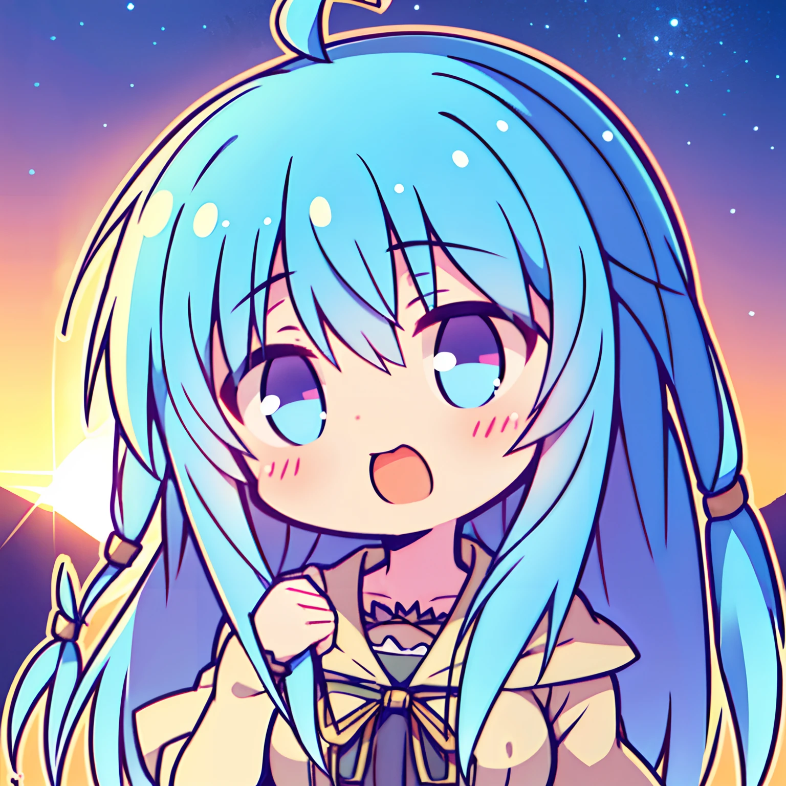 (best quality, masterpiece:1.2), beautiful and detailed anime face, (upper body), Eria Ygo, 1girl, playing a solo, long hair, blushing face, open mouth, ahoge, dueling monsters, sunset, portraits, vibrant colors, soft lighting, (naughty face:1.33),