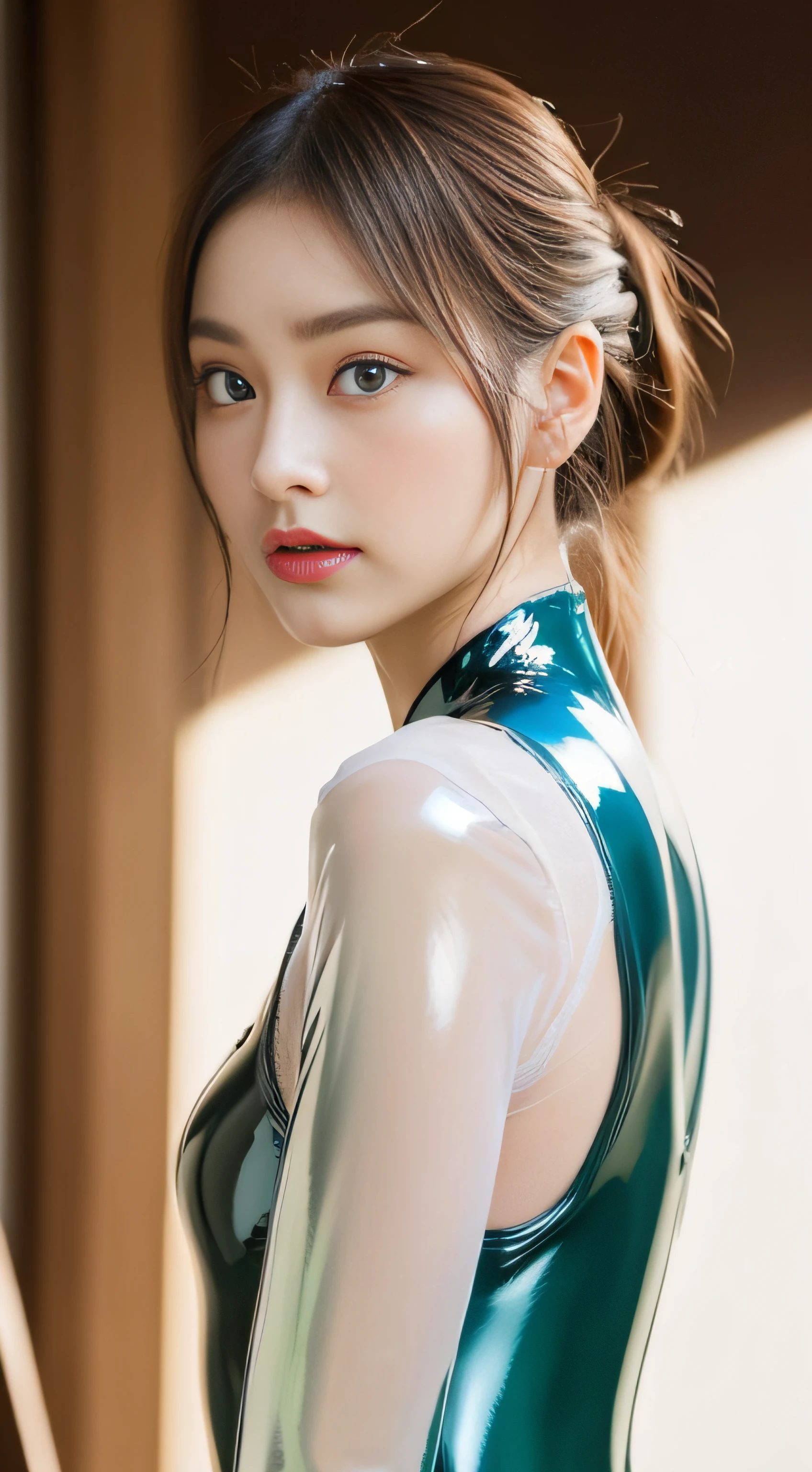 (Best Quality, 8k, 32k, Masterpiece, UHD: 1.2), Cute Japan Female Pictures, 1 Girl, (Medium: 1.1), (Tall Women), (Slim Figure: 1.1), (Glossy, Wet, Rubber Suit), Dark Brown Short Hair), Double Eyelids, Wet Skin, Wet Hair, Lying in Bed
