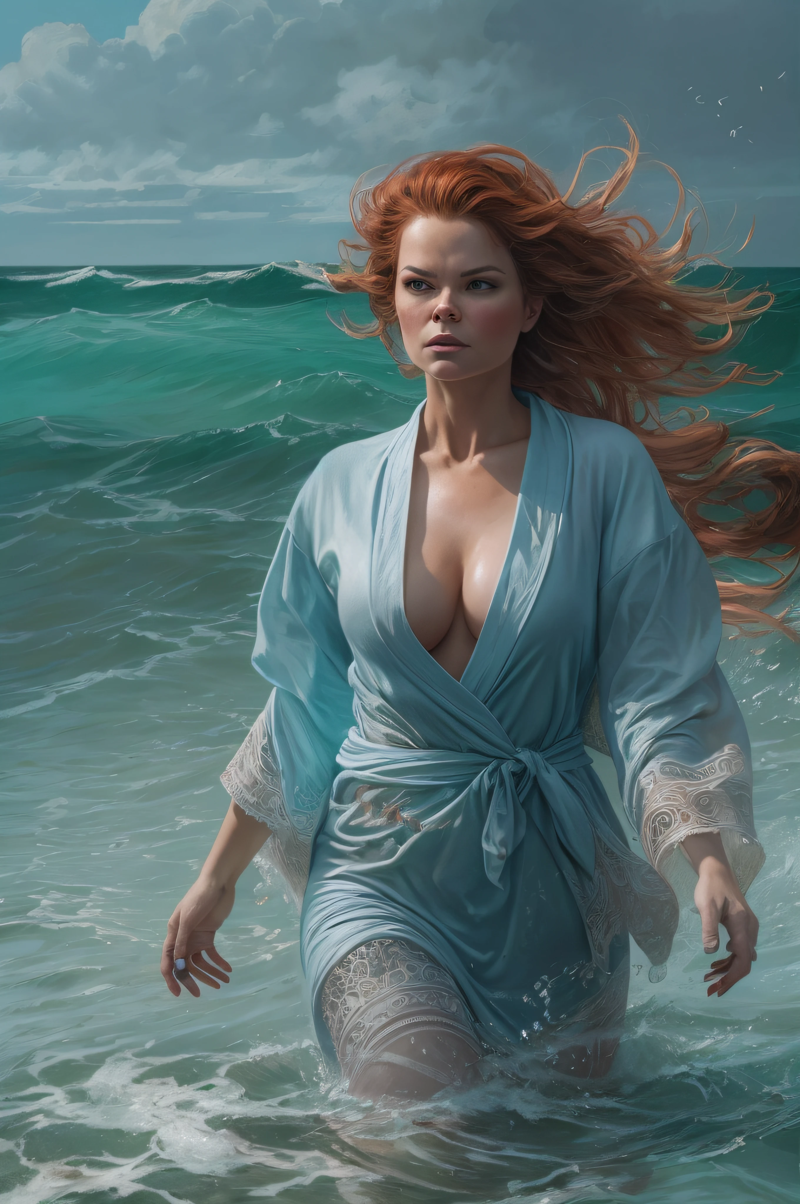 ultra realistic full body photo of DINA MEYER, a red-haired American woman, with big knockers, in wide open ice-blue bathrobe, which flies open with the heavy wind, allowing everyone to see her beautiful muscular body. She is walking in the water on the beach, wild hair, full body, enlightenment, 4k resolution, intricately detailed, cinematic, full body, detailed symmetric eyes, intricate details, beautiful detailed intricate face, Carne Griffiths and Wadim Kashin concept art, ominous, approaching perfection, highly detailed, smooth, treding os artstation, sharp focus, digital art, perfect composition, Yabadaba, hyperdetailed painting, ISO 200, 100mm, DLSR, dynamic, light studio, vibrant, art by Alyssa Monks