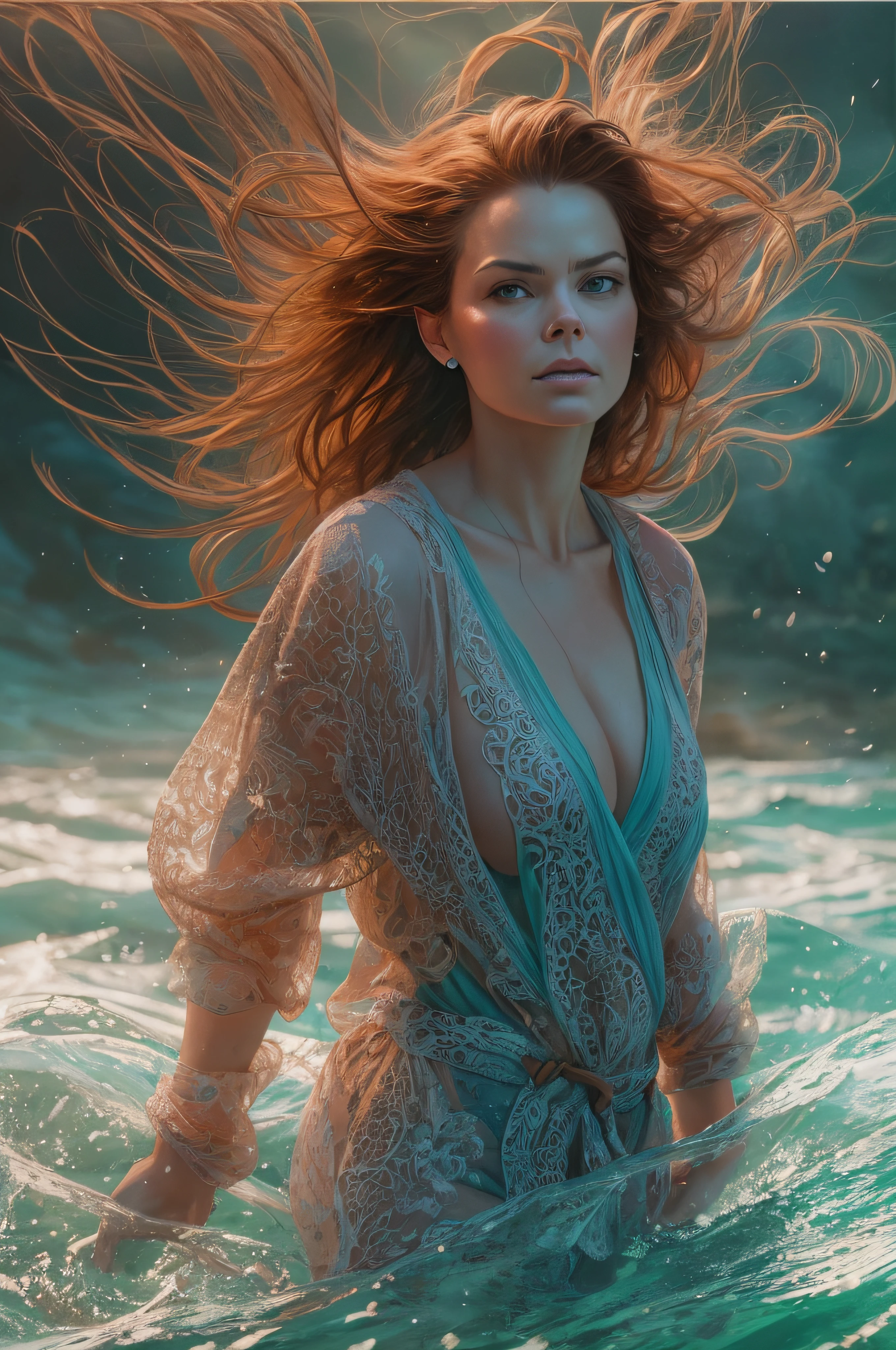 ultra realistic full body photo of DINA MEYER, a red-haired American woman, with big knockers, in wide open ice-blue bathrobe, which flies open with the heavy wind, allowing everyone to see her beautiful muscular body. She is walking in the water on the beach, wild hair, full body, enlightenment, 4k resolution, intricately detailed, cinematic, full body, detailed symmetric eyes, intricate details, beautiful detailed intricate face, Carne Griffiths and Wadim Kashin concept art, ominous, approaching perfection, highly detailed, smooth, treding os artstation, sharp focus, digital art, perfect composition, Yabadaba, hyperdetailed painting, ISO 200, 100mm, DLSR, dynamic, light studio, vibrant, art by Alyssa Monks