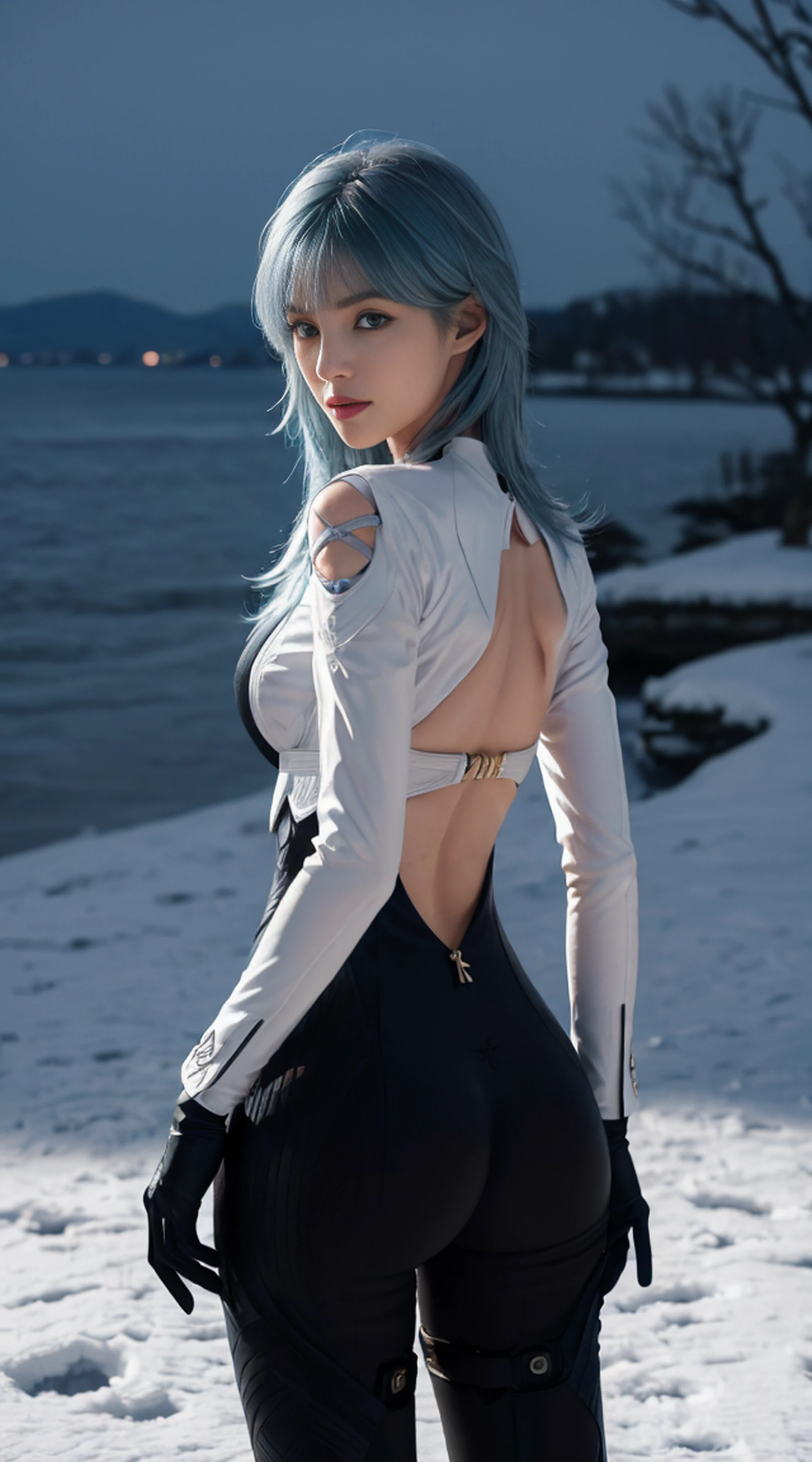 8K, Top Quality, Intricate Details, Ultra Detail, Ultra High Resolution, Masterpiece, ((from behind)), close up shot, Slender, Smile, (Makeup: 0.4), (Fluffy Blue Eyes: 1.21), blue Eyes, looking at background, ((full body)), 1girl, solo, 1 girl, (( full body)), close up shot, standing , ((tall)), (((fit body))), (((slim face))), sharp face, sharp eyes, (((sky blue hair, long hair, bangs)) (detailed face), sharp face, small lips, ((cyber suit)), detailed face, detailed breast, , large breast, detail ass, big ass, round ass , Beautiful girl with accentuated slender abs: 1.4, Six Pack Abs: 1.4, Bust Botox, Big, Perfect Body, detail leg, (( moonlight)), in the snow