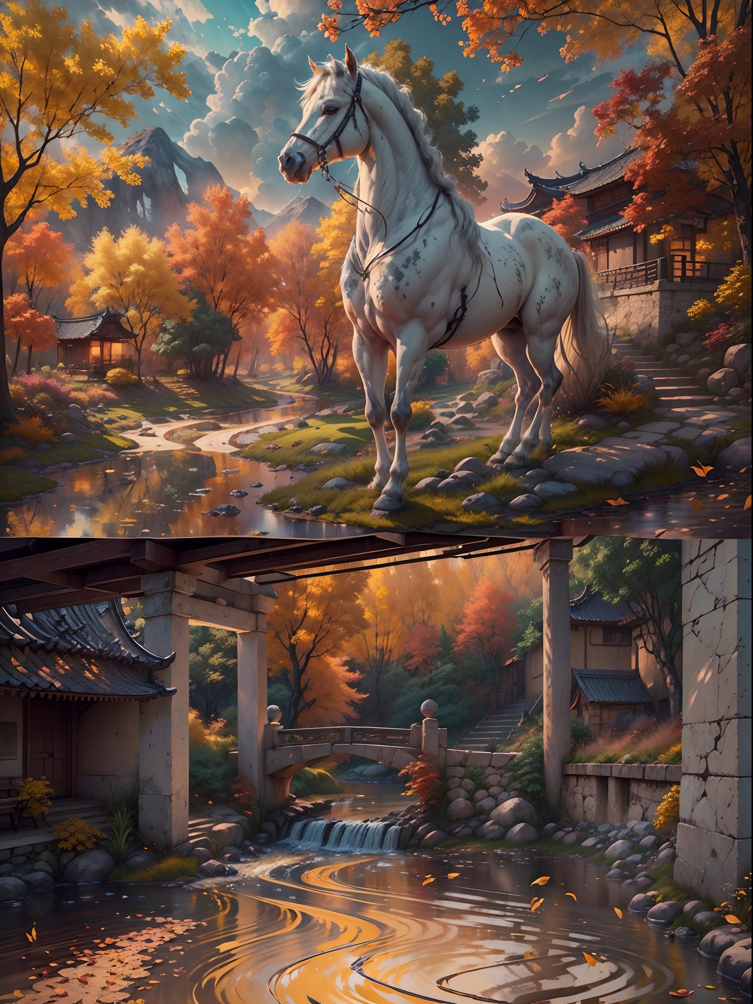 (Autumn landscape,small bridges,flowingwater,courtyard,Trail roads,The afterglow of the setting sun shines through the clouds,Fluttering yellow leaves),(A small arch bridge spans a small river:1.1),(The river meanders into the distance),(A white horse looks down and grazes:1.1),The vista is an oblique view of the sunset,Autumn tones,Ancient Chinese feng shui landscape painting style,(Masterpiece),(A complete painting),Extremely detailed picture,light and shadow effect,Movie lighting,cinema4d,Light particle tracing,rendering by octane,Unreal 5,Layered artistic effects,Best Painting,Master painting,(8K分辨率),photorealestic,realisticlying
