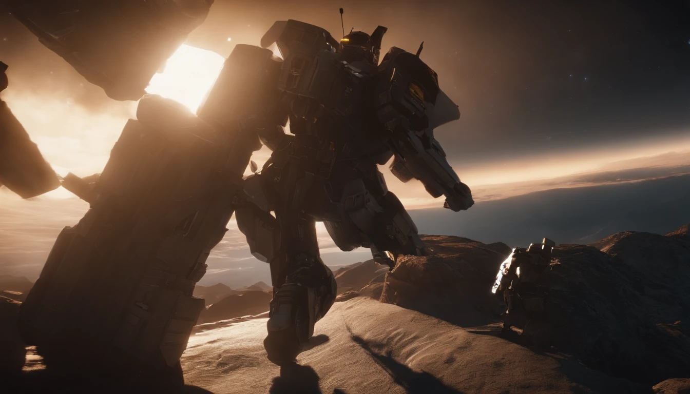 high high quality， tmasterpiece， 超高分辨率， （フォトリアリスティック： 1.4）， RAW photogr，shadowing， rendering by octane， 8K， Super sharp，very complex details， realistic raytraicing， CGSoation trends， Tranquil space，Explosion in the distance，Asteroid collisions，Gundam Body Battle，darkly