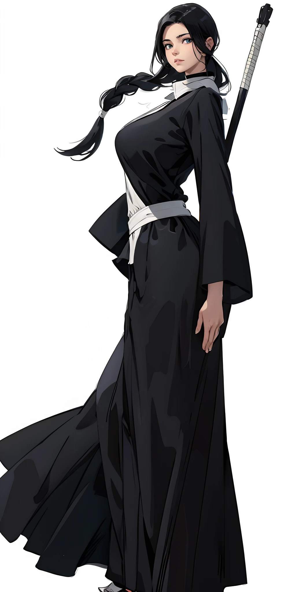 best quality, 3/4 body, portrait, beautiful well-endowed curvaceous woman with big gorgeous eyes, a powerful Shinigami from the Bleach universe, radiating an aura of spiritual energy. Dressed in traditional black robes and wielding a Zanpakuto, their presence commands respect. With intense eyes and a determined expression, they are ready to face any threat that arises in the realm of spirits. Best quality, intricate details, clean lines, eye-catching composition, soft tones, anime realism, perfect illustration