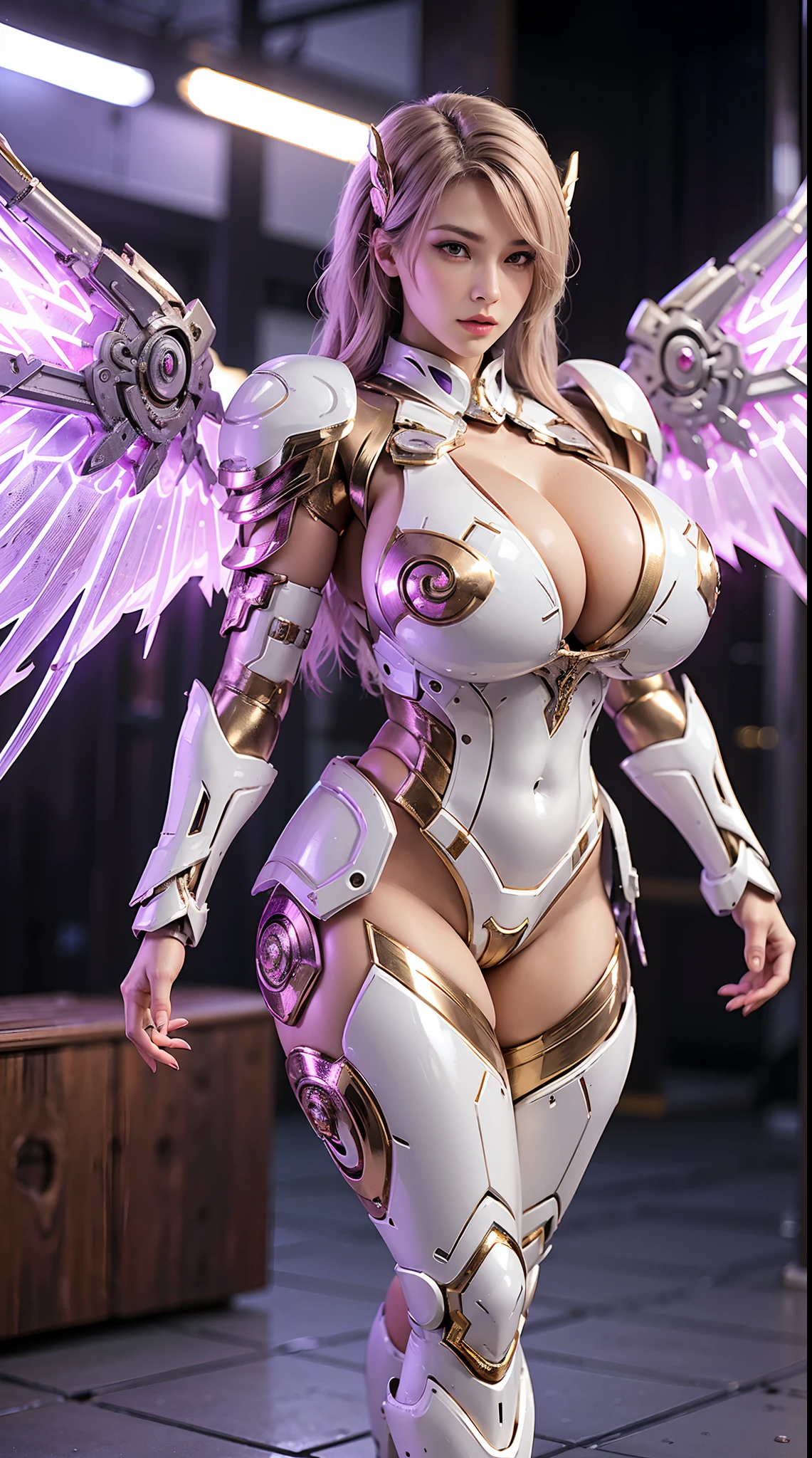 A WOMAN, BEAUTIFULL FACE, HUGE BOOBS, RGB, WHITE, GOLD, PURPLE, MECHA ARMOR FULL SUIT, (CLEAVAGE), (A PAIR LARGEST WINGS), TRANSPARANT, TALL LEGS, STANDING, SEXY BODY, MUSCLE ABS.