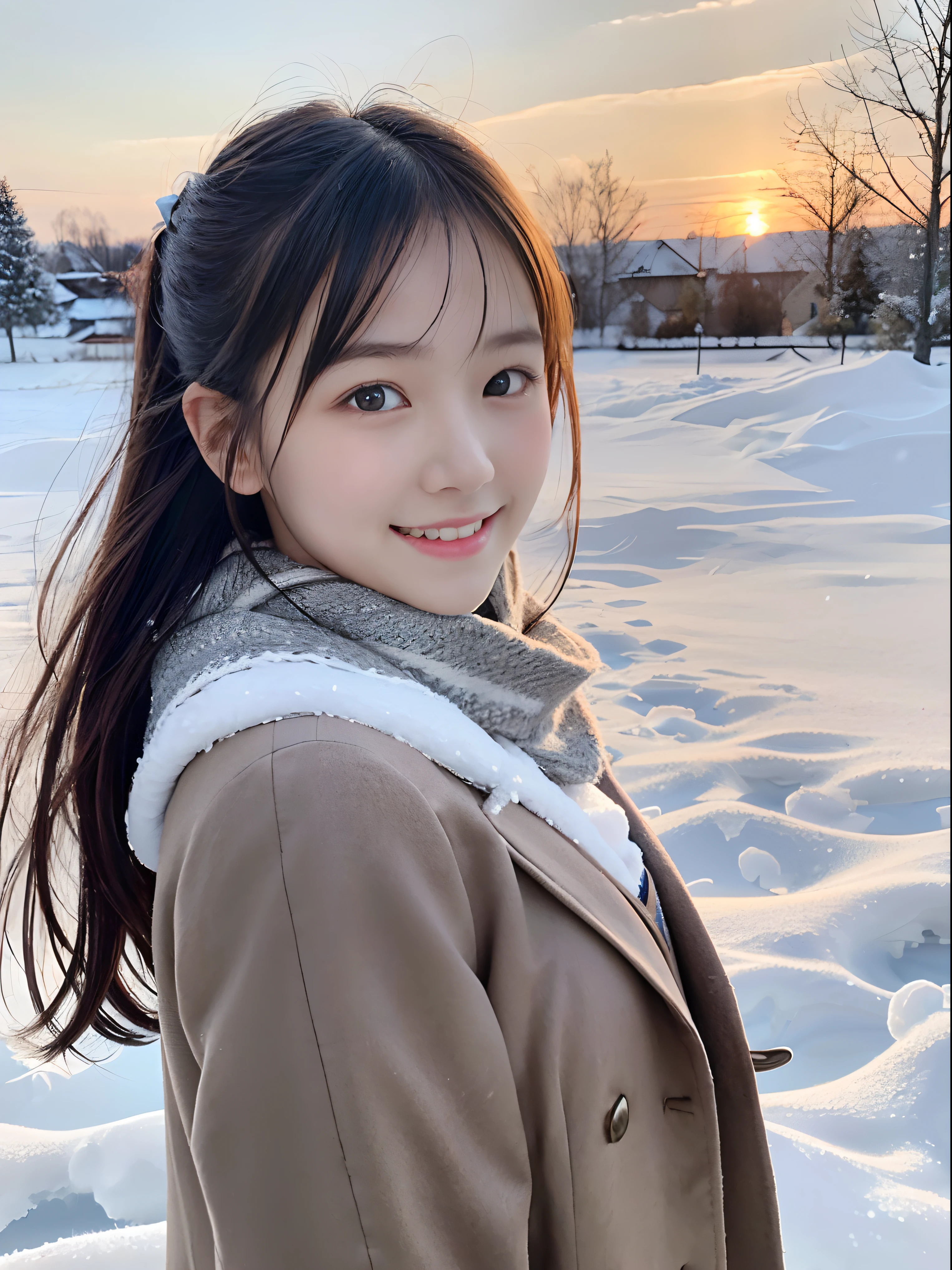 (Close up portrait of one girl with slender small breasts and twin-tailed long hair in a coat over a winter school uniform and a scarf :1.5)、(One girl with little smile and hair fluttering in the wind :1.3)、(Beautiful snowy sunset sky:1.5)、(Perfect Anatomy:1.3)、(No mask:1.3)、(complete fingers:1.hotorealistic、Photography、masutepiece、top-quality、High resolution, delicate and pretty、face perfect、Beautiful detailed eyeair skin、Real Human Skin、pores、((thin legs))、(Dark hair)