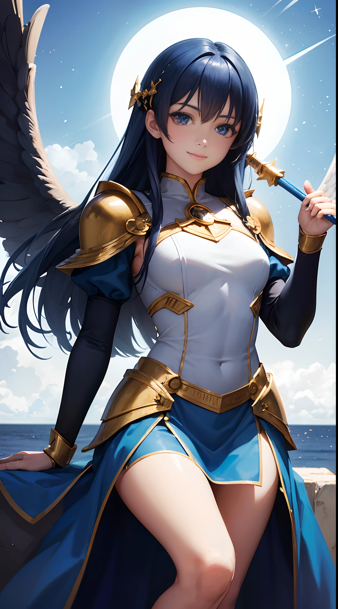 Full Body, Dark blue-haired young girl, blue eyes, angelic body and face, and a blue crystal armor with a mini skirt, wield a spear, wear a cloak, shield, and golden circlet, sitting on the throne of blue heaven, white seraphic wings, dusk, and dawn background scene, the magic circle with a diamond star, innocent smile, stable diffusion v5, anime style v3, lora style v5, dynamic, image enhance, dream shape, vibrant, realistic face, 32k resolution, upscale, sharp focus, best quality, masterpiece, ghostmix, flat color, flat light.