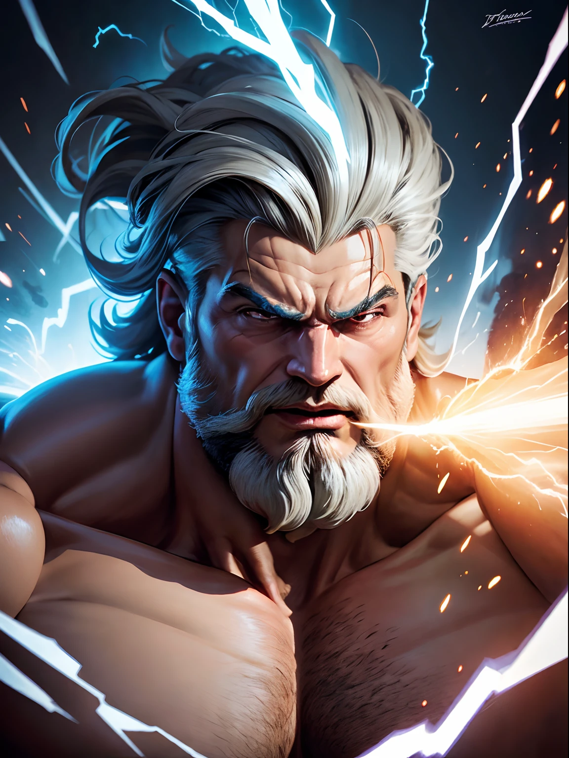 Portrait of a mighty Zeus unleashing all his powers, digital art in the style of Robert Liberace, dynamic action poses