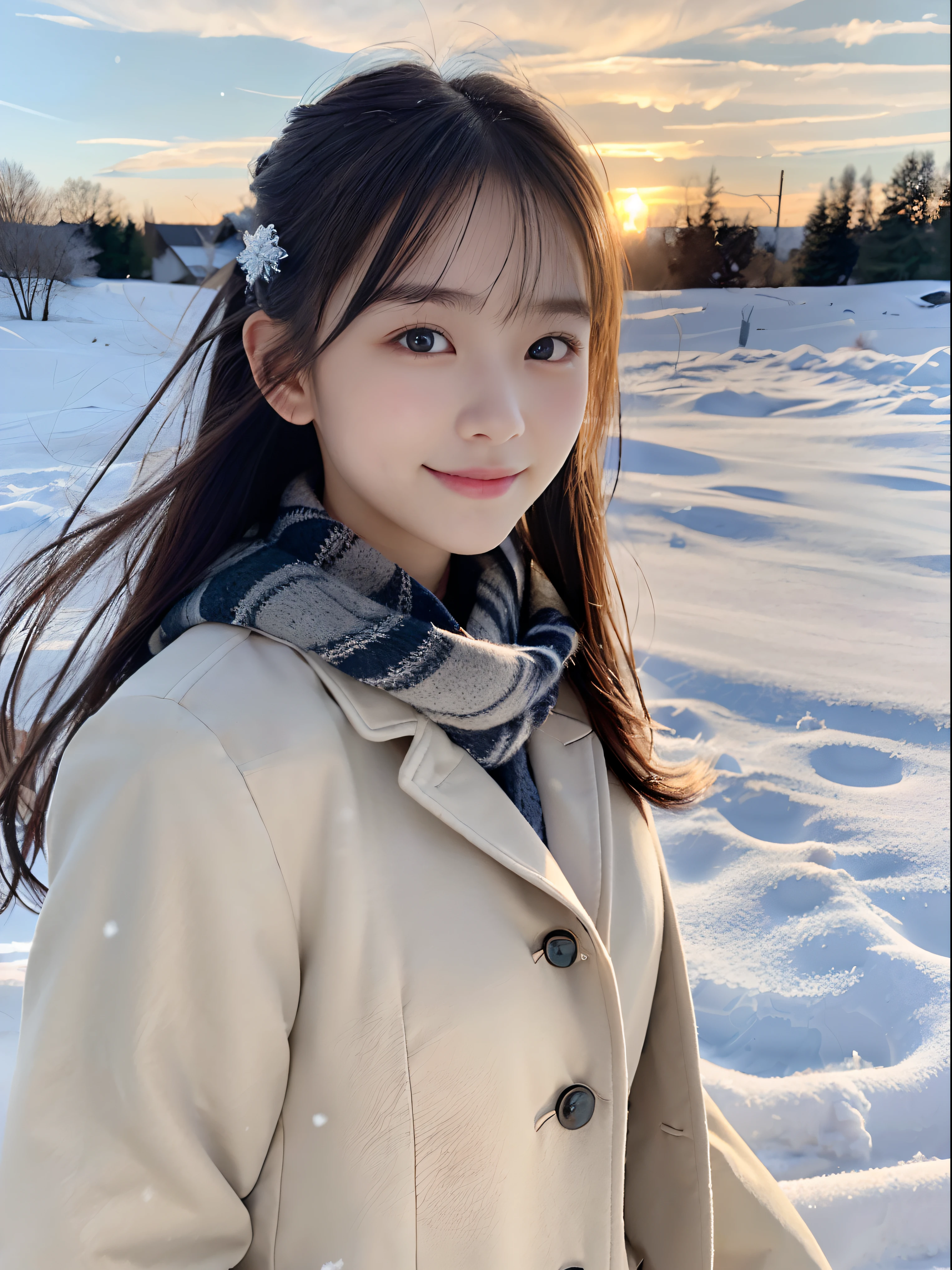 (Close up portrait of one girl with slender small breasts and twin-tailed long hair in a coat over a winter school uniform and a scarf :1.5)、(One girl with little smile and hair fluttering in the wind :1.3)、(Beautiful snowy sunset sky:1.5)、(Perfect Anatomy:1.3)、(No mask:1.3)、(complete fingers:1.3)、Photorealistic、Photography、masutepiece、top-quality、High resolution, delicate and pretty、face perfect、Beautiful detailed eyes、Fair skin、Real Human Skin、pores、((thin legs))、(Dark hair)