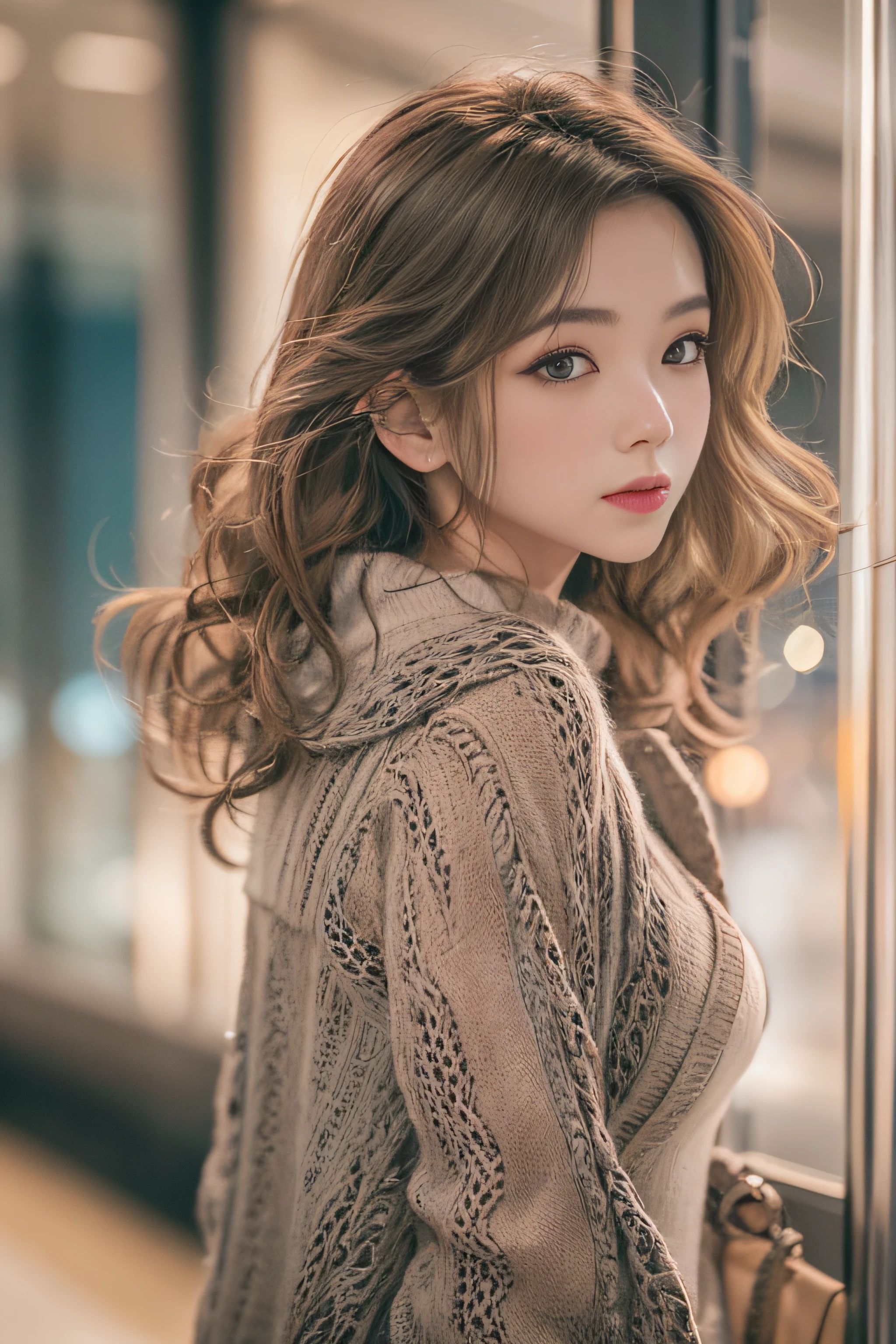1womanl、Early 20s、(Strong-willed super beautiful woman)、(ultra beautiful faces)、is standing、Wearing makeup、Wavy brown hair、(Airport at night:1.1)、Large windows at the departure gate、(Airplane from background window)、Shallow depth of field