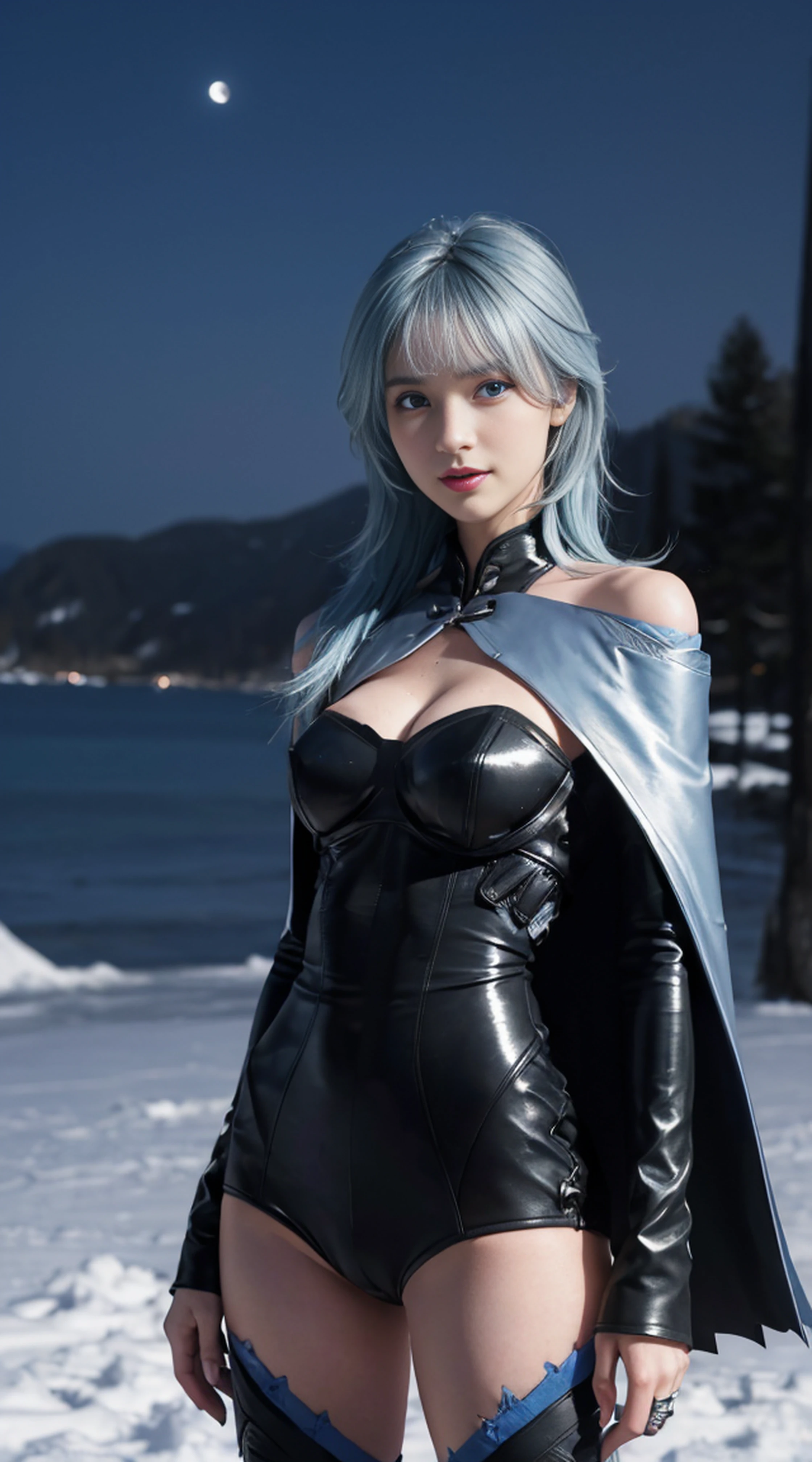 8K, top-quality, Complicated details, hyper-detailing, 超高分辨率, tmasterpiece, Random angles, Elongated, ssmile, (cosmetics: 0.4), (Fluffy blue eyes: 1.21), eBlue eyes, looking at viewert, ((full bodyesbian)), 1个Giant Breast Girl, Alone, 1 girl, (( full bodyesbian)), Close-up Shot Shot, , ((tall)), (((toned figure))), (((rosto magro))), sharpy face, sharp vision, (((sky-bluehair, long whitr hair, By bangs )) , (详细的脸), sharpy face, Small lips,
(( )), ((Transparent one side cape)), 详细的脸, detailed breast, , Bigchest, Detail butt, , beuaty girl,Has slender abs: 1.4, sixpack abs: 1.4, Breast Enlargement Botox, bigger, perfect bodies, Detail legs, (( rays of moonlight)), in the snow