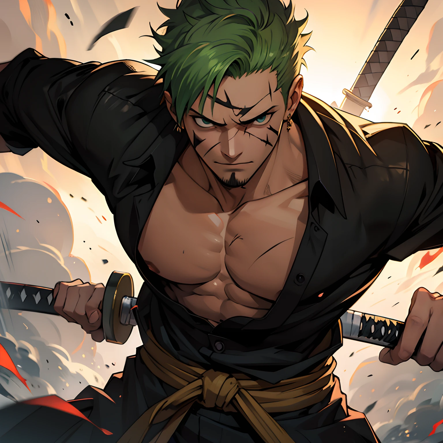 roronoa zoro, scar across eye, mouth hold, 1boy, male focus, solo, green hair, scar, bandana, weapon, sideburns, short hair, sword, teeth hold, scar on face, one eye closed, looking at viewer, pectorals, glowing, green eyes, upper body, scar on chest, ((medium quality)), ((medium quality))