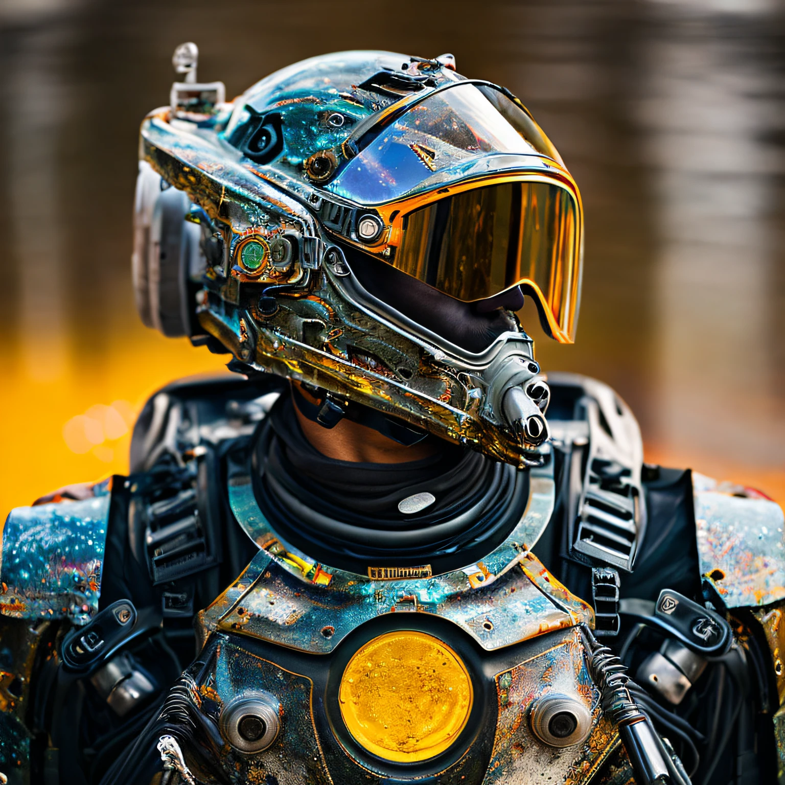 Portrait photo of transparent camo worn mech suit, ((light bokeh)), intricate, ((translucent) liquid water [rust]), elegant, sharp focus, photo by greg rutkowski, soft lighting, vibrant colors, masterpiece, ((streets)), detailed face