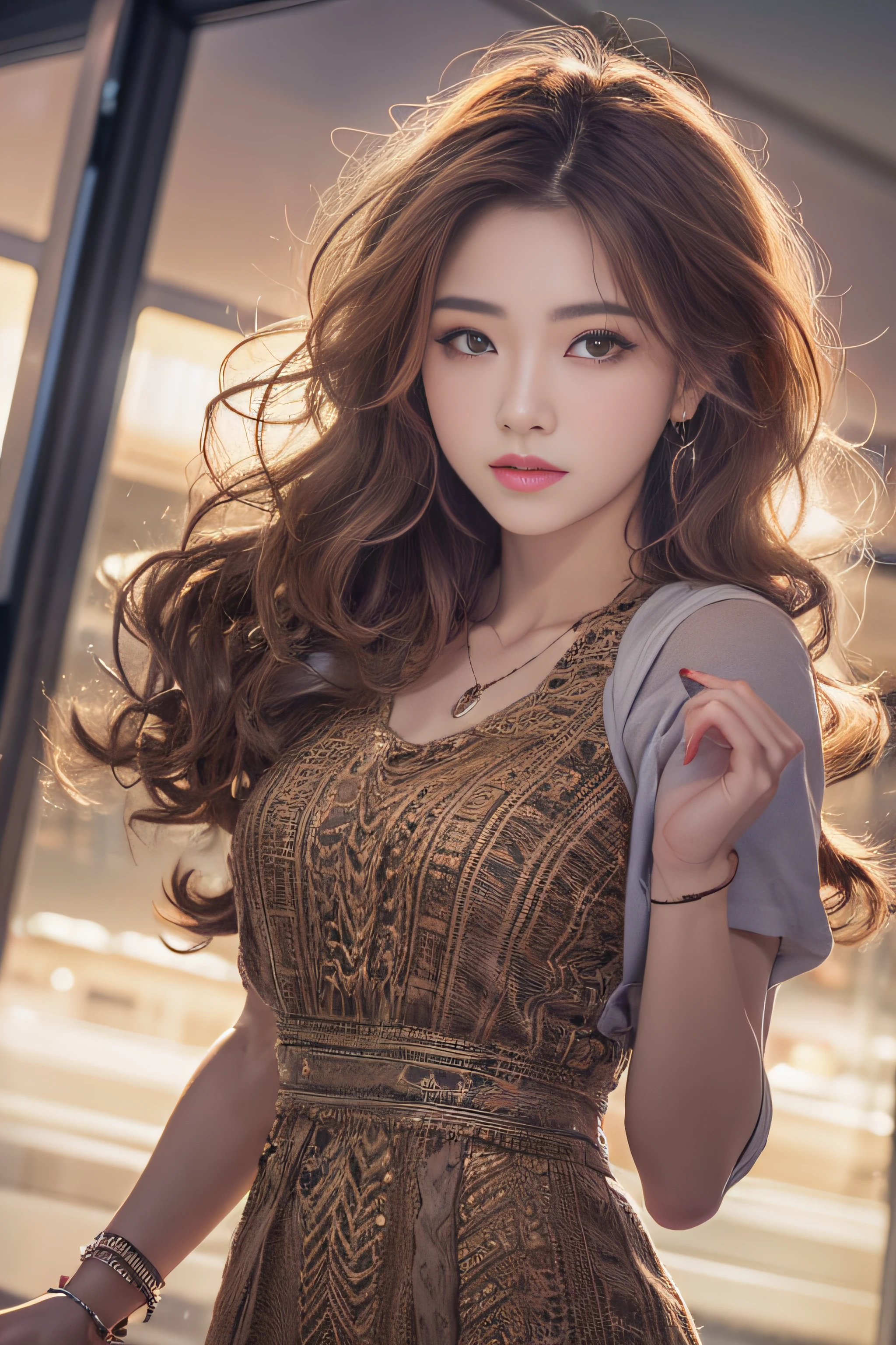 1womanl、Early 20s、(Strong-willed super beautiful woman)、(ultra beautiful faces)、is standing、Wearing makeup、Wavy brown hair、(Airport at night:1.1)、Large windows at the departure gate、(Airplane from background window)、Shallow depth of field
