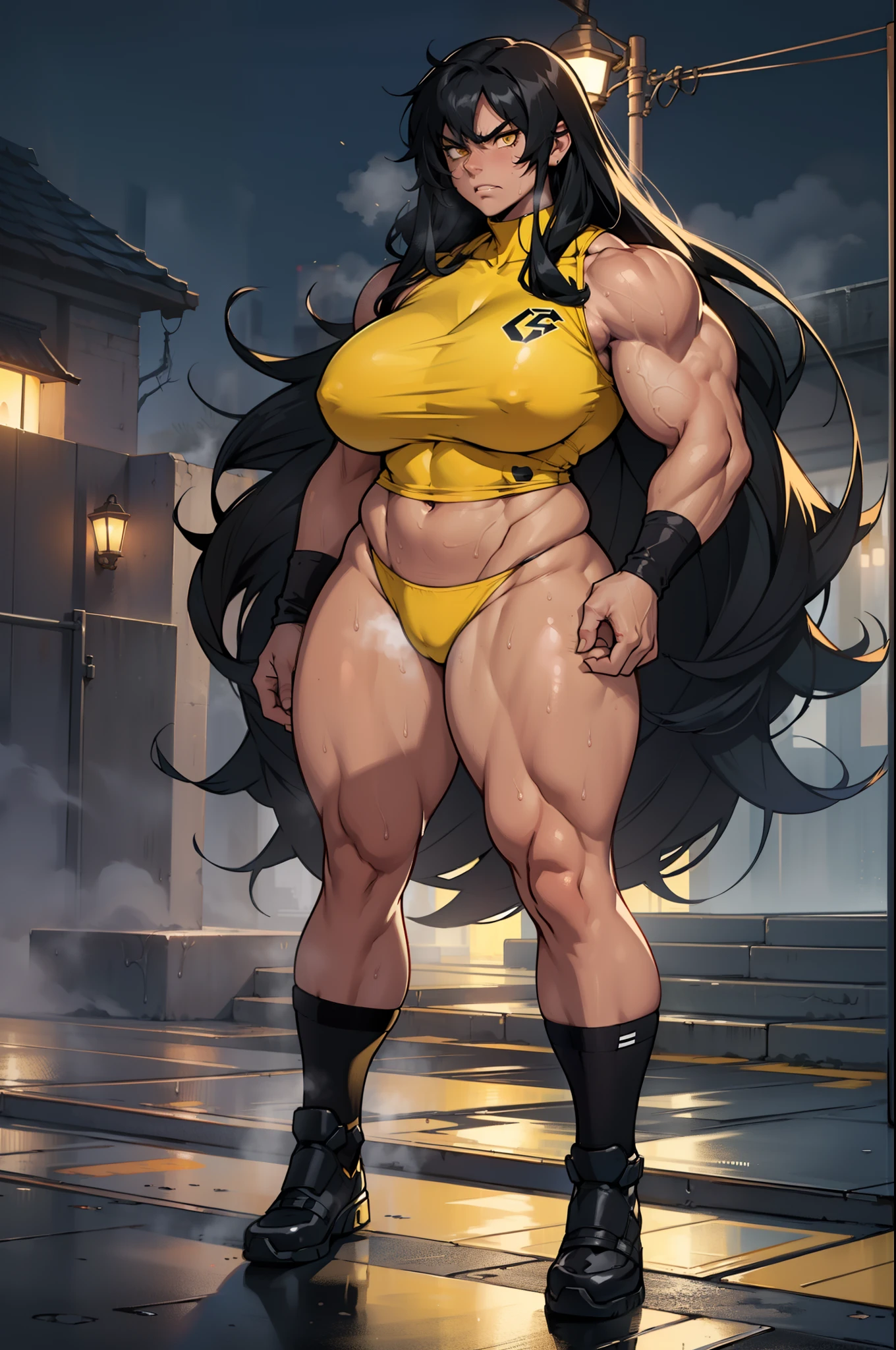 (((((1 girl, muscular))))), (thick thighs, huge breasts, very long hair), black hair, yellow eyes, solo, sweaty, shiny skin, (steamy), foggy, nighttime, angry, (full body)
