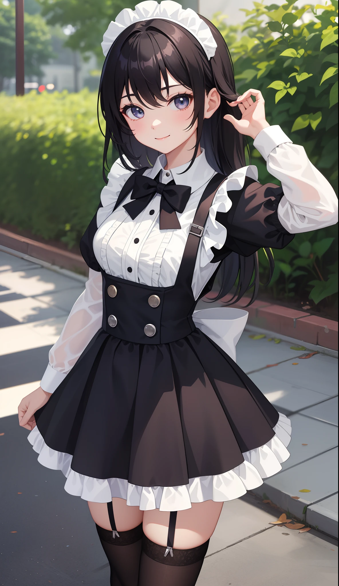 1girl in、AS-Adult、A smile、Close one eye、The shirt、Ultra mini skirt、pantiy、（small tits）、doress、pinafore、Hair decoration、（Maid costume）、Walking with a thigh、Upper body portrait、