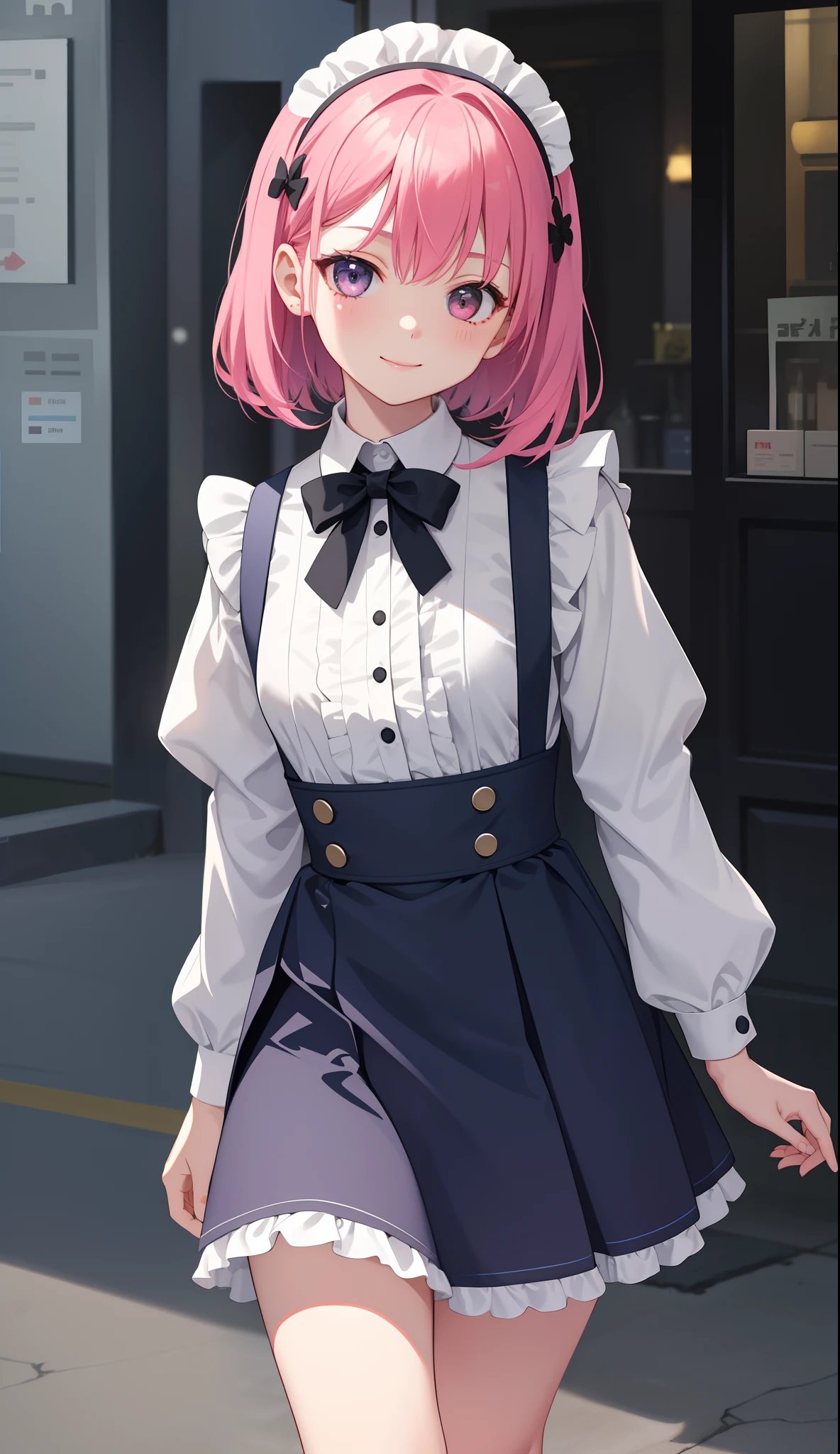 1girl in、AS-Adult、A smile、Close one eye、The shirt、Ultra mini skirt、pantiy、(small tits)、doress、pinafore、Hair decoration、(Maid costume)、Walking with a thigh、Upper body portrait、