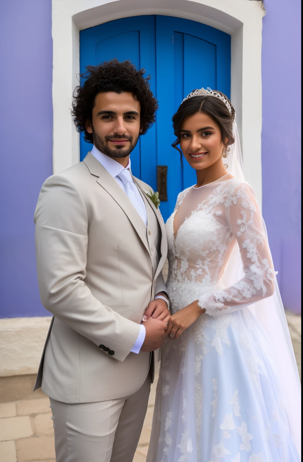 Bride and groom standing in front of blue door in wedding dress, Malika Favre, Jaqueline E, noivos, Laura Sava, julia sarda, 2 0 1 9, 2019, Karolina Cummings, Background Story : Diego Fazio, an epic fantasy, Olivia de Bernardinis, veja os detalhes, Valentina Embaralhamento