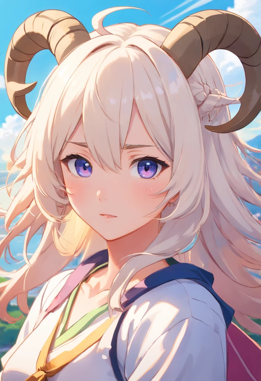 white ram, ((complementary colors)), horns, full quality, solo, animal, furry, beautifully drawn, high resolution illustration, best quality, High definition, ((detailed anime sketch)), Masterpiece, (solo), absurdres, portrait, detailed background, fine detail, animal focus, HDR, upper body, close-up