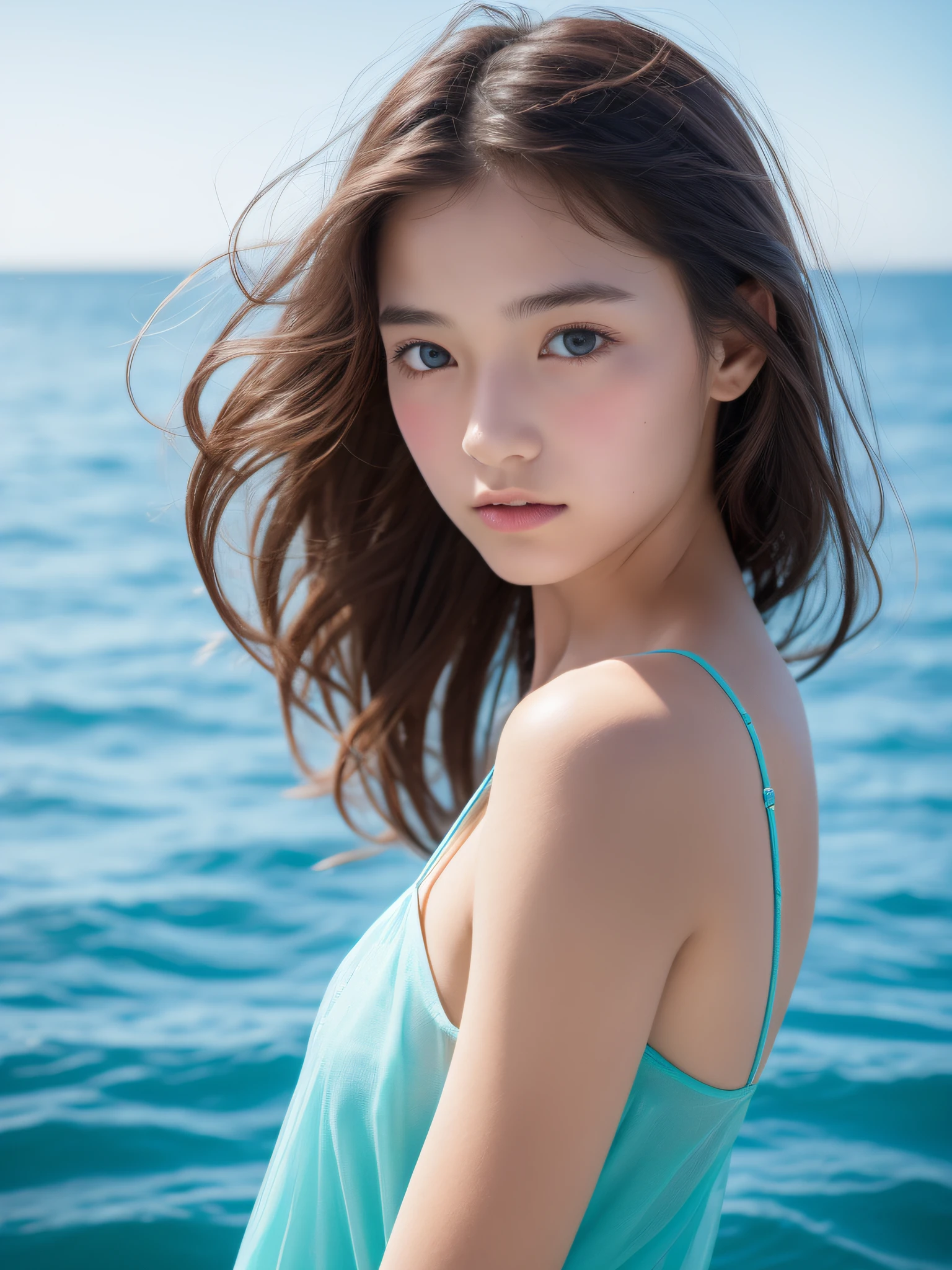 8K、12-year-old beautiful girl,、A detailed face、see-through camisole dresses、Chest depth - in the sea、strong breeze