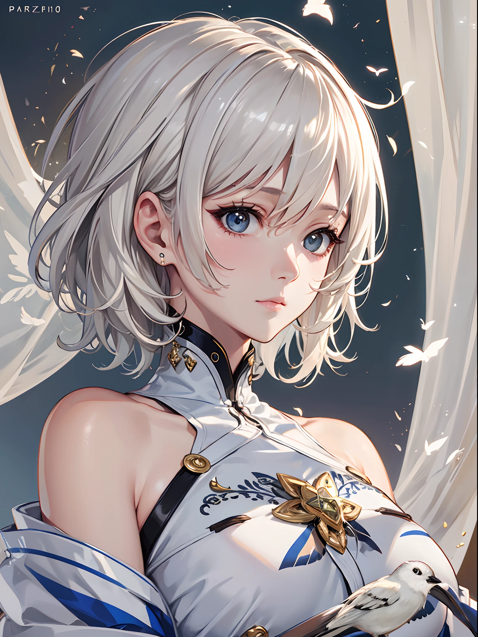tmasterpiece、top-quality、A high resolution、High-quality images、8K、1maidennurse、detaileds、Detailed eye depiction、gloss on the skin、shinny hair、platinum blonde short hair、Soft hair、Anastasia、porate、zazen、Quiet breathing、tranquillity、Bird sounds