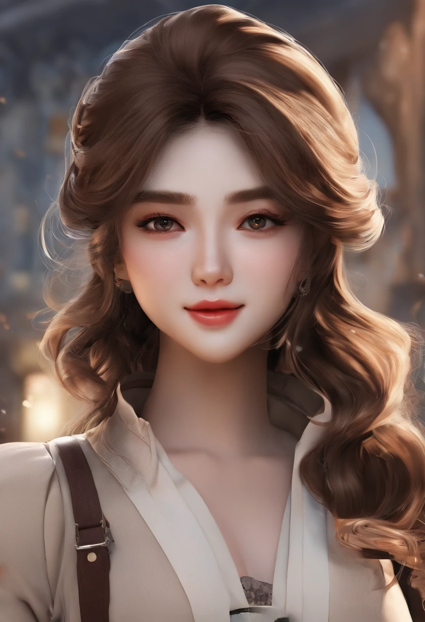 One girl, (((Brown Made))),Highest Quality, in 8K,Large exposed bust、 masutepiece:1.3, Black hair, Ultra-detailed face, Detailed eyes, Big Bust, Double eyelids, Best Smile,
,b3rli, Western Cafe