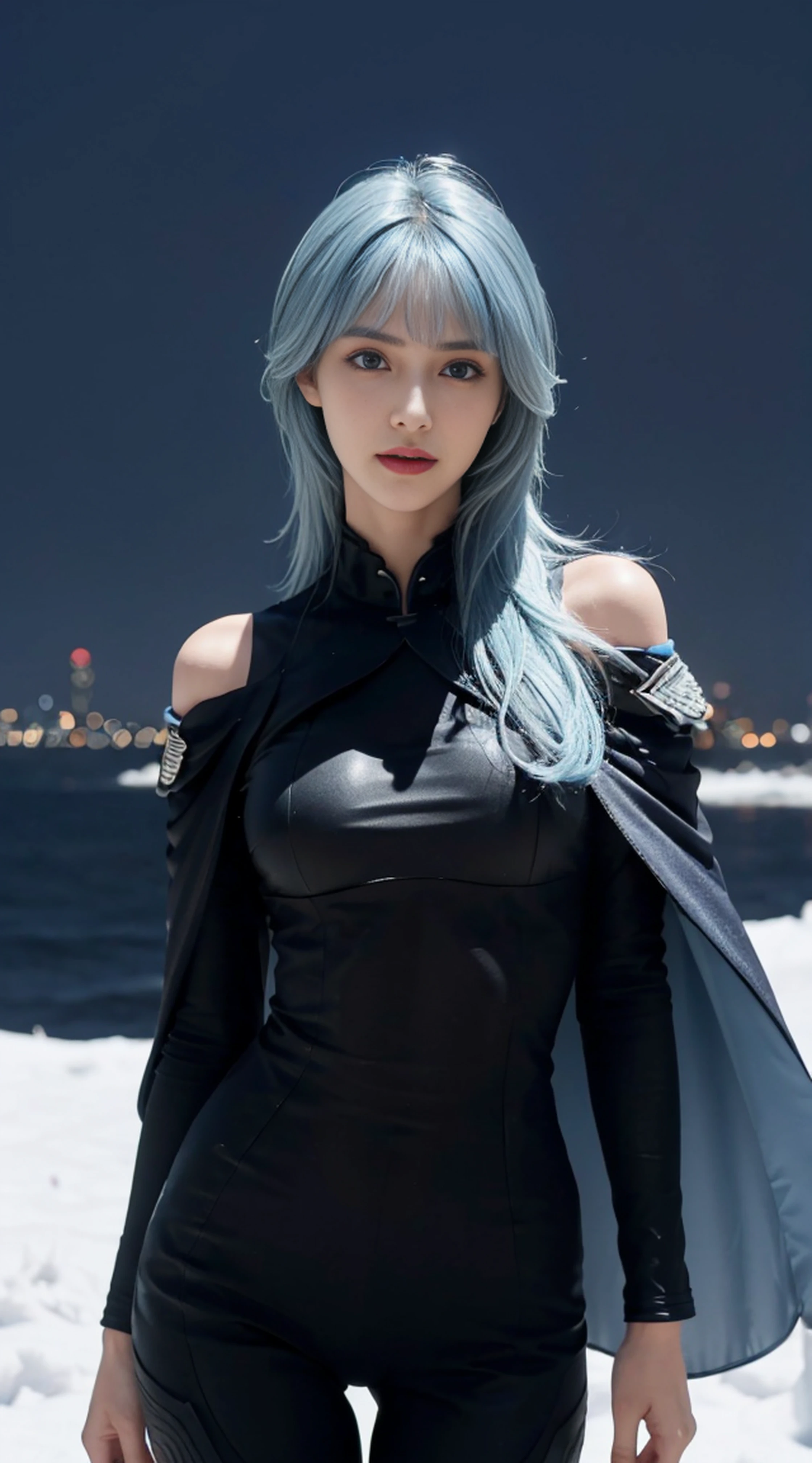 8K, Top Quality, Intricate Details, Ultra Detail, Ultra High Resolution, Masterpiece, random angle, Slender, Smile, (Makeup: 0.4), (Fluffy Blue Eyes: 1.21), blue Eyes, looking at viewer, ((full body)), 1girl, solo, 1 girl, (( full body)), close up shot, , ((tall)), (((fit body))), (((slim face))), sharp face, sharp eyes, (((sky blue hair, long hair, bangs )) , (detailed face), sharp face, small lips,
(( )), ((maxi dress,)), detailed face, detailed breast, , large breast, detail ass, , Beautiful girl with accentuated slender abs: 1.4, Six Pack Abs: 1.4, Bust Botox, Big, Perfect Body, detail leg, (( moonlight)), in the snow