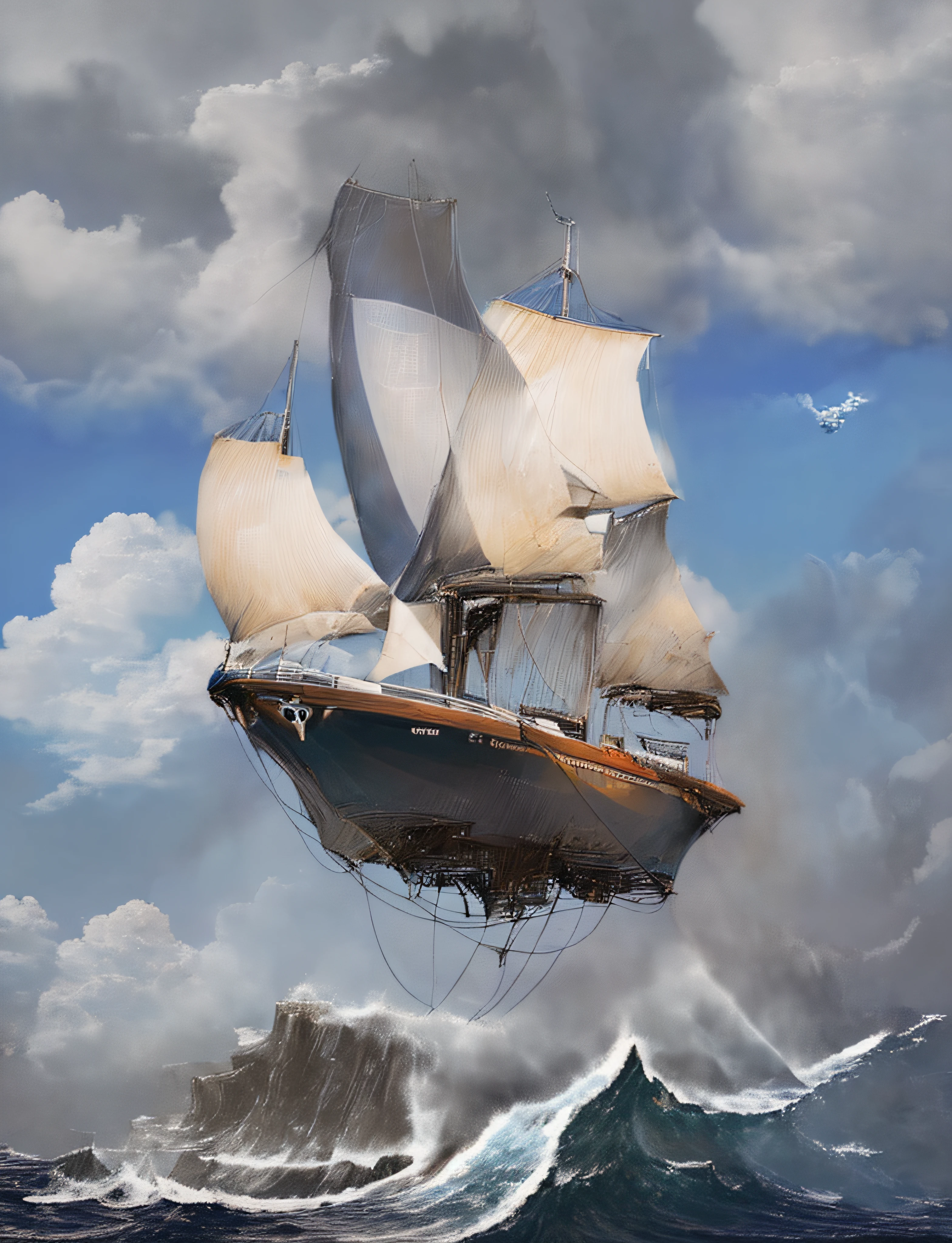 Futuristic super sailboat with the blue hull that flies between the clouds and far below the raging sea with huge waves crashing on the cliffs in the distance