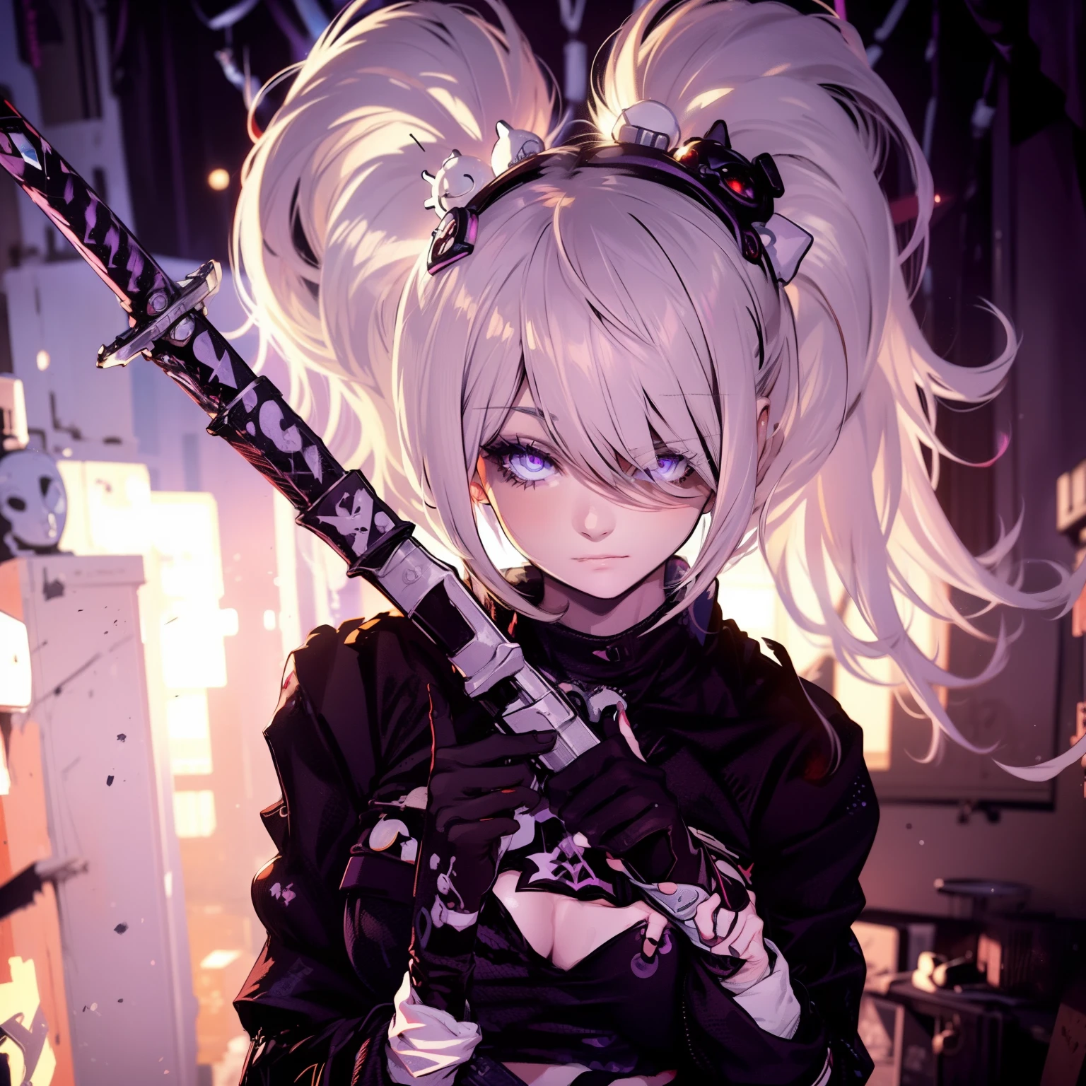 female , Un adolescente con cabello corto y blanco como la nieve , sporting a mysterious full-face black mask that has glowing purple eyes , vestido con una llamativa camisa roja y un largo abrigo negro, Deftly wielding a pair of dual long swords, one bright in vibrant red and the other hypnotically purple.. The scene unfolds against the backdrop of a dystopian cyberpunk city at night.., pulsing with neon lights and a futuristic aura, All rendered in stunning high-resolution 8K quality