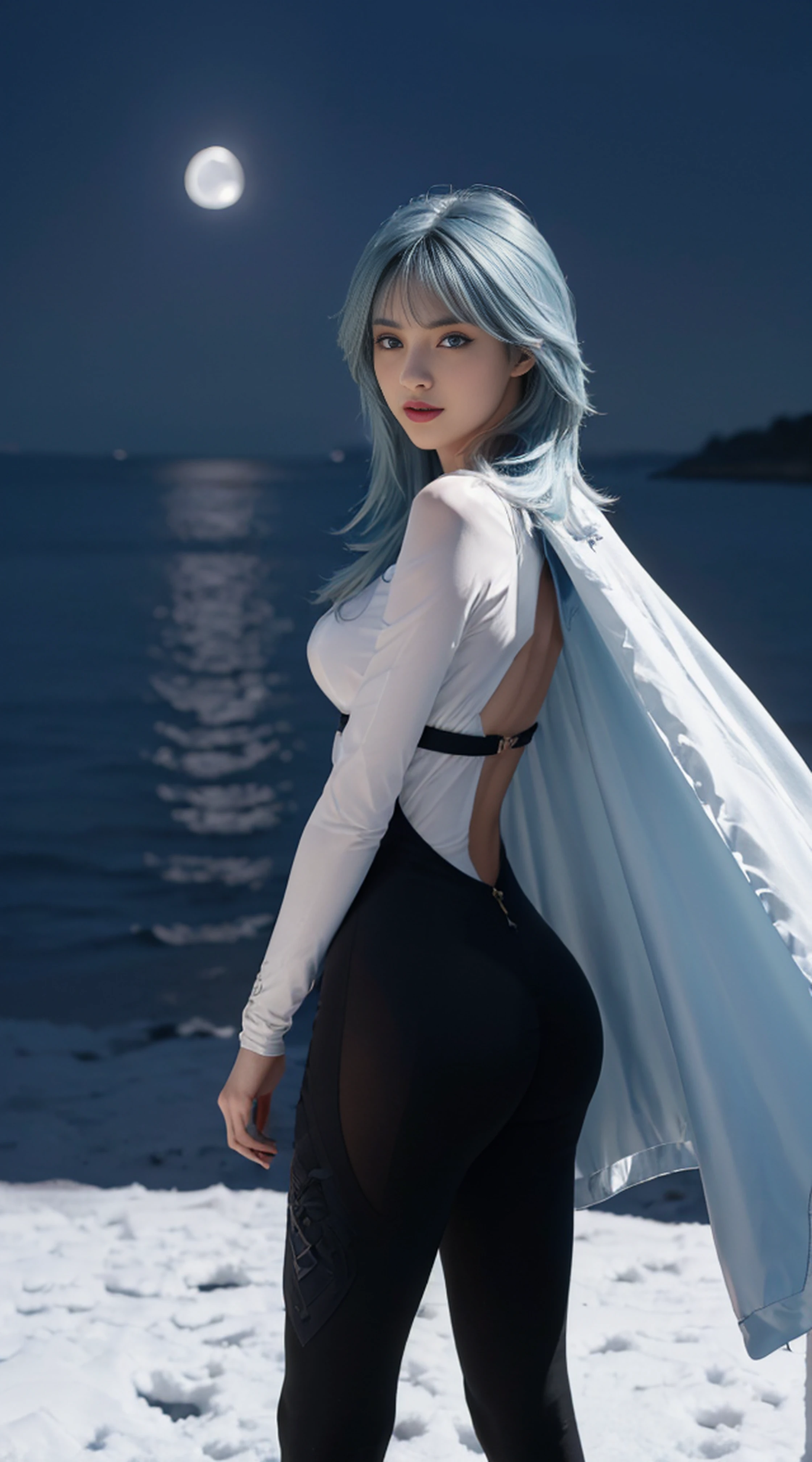 8K, Top Quality, Intricate Details, Ultra Detail, Ultra High Resolution, Masterpiece, ((from behind)), Slender, Smile, (Makeup: 0.4), (Fluffy Blue Eyes: 1.21), blue Eyes, looking at background, ((full body)), 1girl, solo, 1 girl, (( full body)), close up shot, standing , ((tall)), (((fit body))), (((slim face))), sharp face, sharp eyes, (((sky blue hair, long hair, bangs)) (detailed face), sharp face, small lips, ((transparent one side cape)), detailed face, detailed breast, , large breast, detail ass, big ass, round ass , Beautiful girl with accentuated slender abs: 1.4, Six Pack Abs: 1.4, Bust Botox, Big, Perfect Body, detail leg, (( moonlight)), in the snow