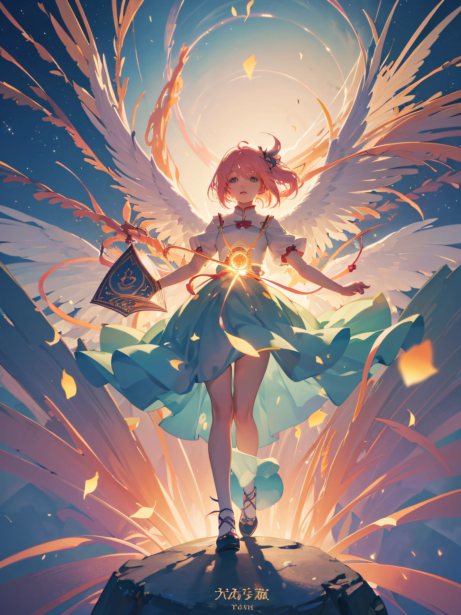 Sakura Card Captors, making victory sign, Kero-chan flying by her side, card symbolism, falling magic cards, full body, photography, (ultra-realistic), {extremely detailed 8k CG unit wallpaper}, photography expansive landscape, (an overhead view that prioritizes character and setting, wide open field view), (high angle shot), (high light: 1.7), (low light: 1.0), (warm light source: 1.5), Intricate details, (iridescent colors: 1.7), (bright lighting), (atmospheric lighting), dreamy, magical, Anime Cards reference
